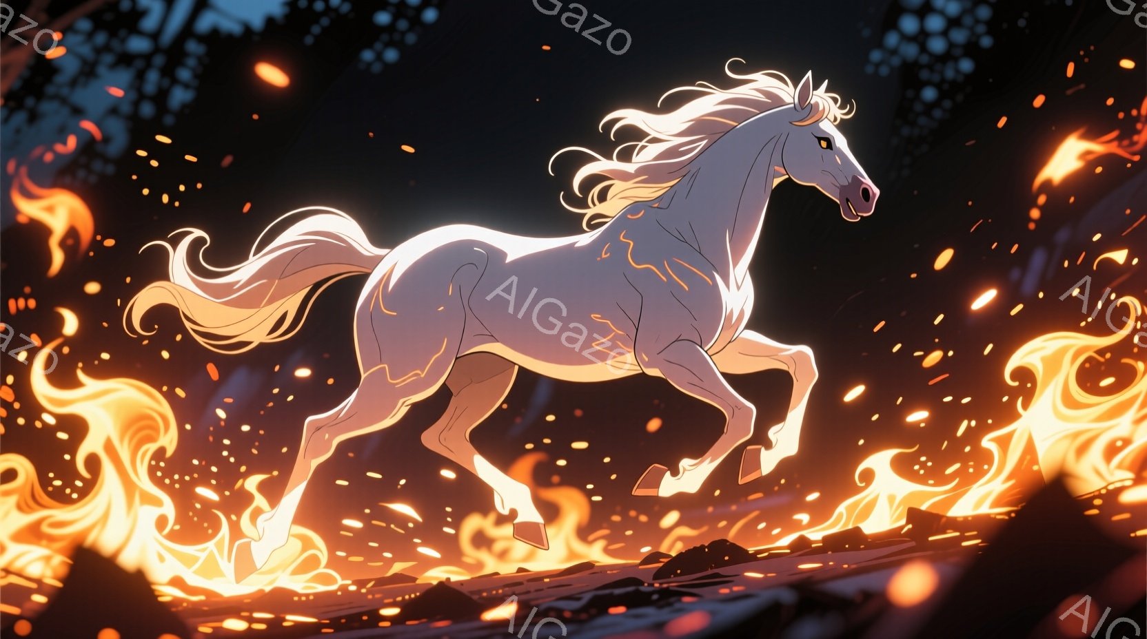 白い馬が炎に包まれた地面を力強く駆けている姿が描かれている。たてがみと尾は風になびき、躍動感に満ちている。背景は暗く、炎の光が馬のシルエットを際立たせ、神秘的で幻想的な雰囲気を醸し出している。 - AI生成フリー素材