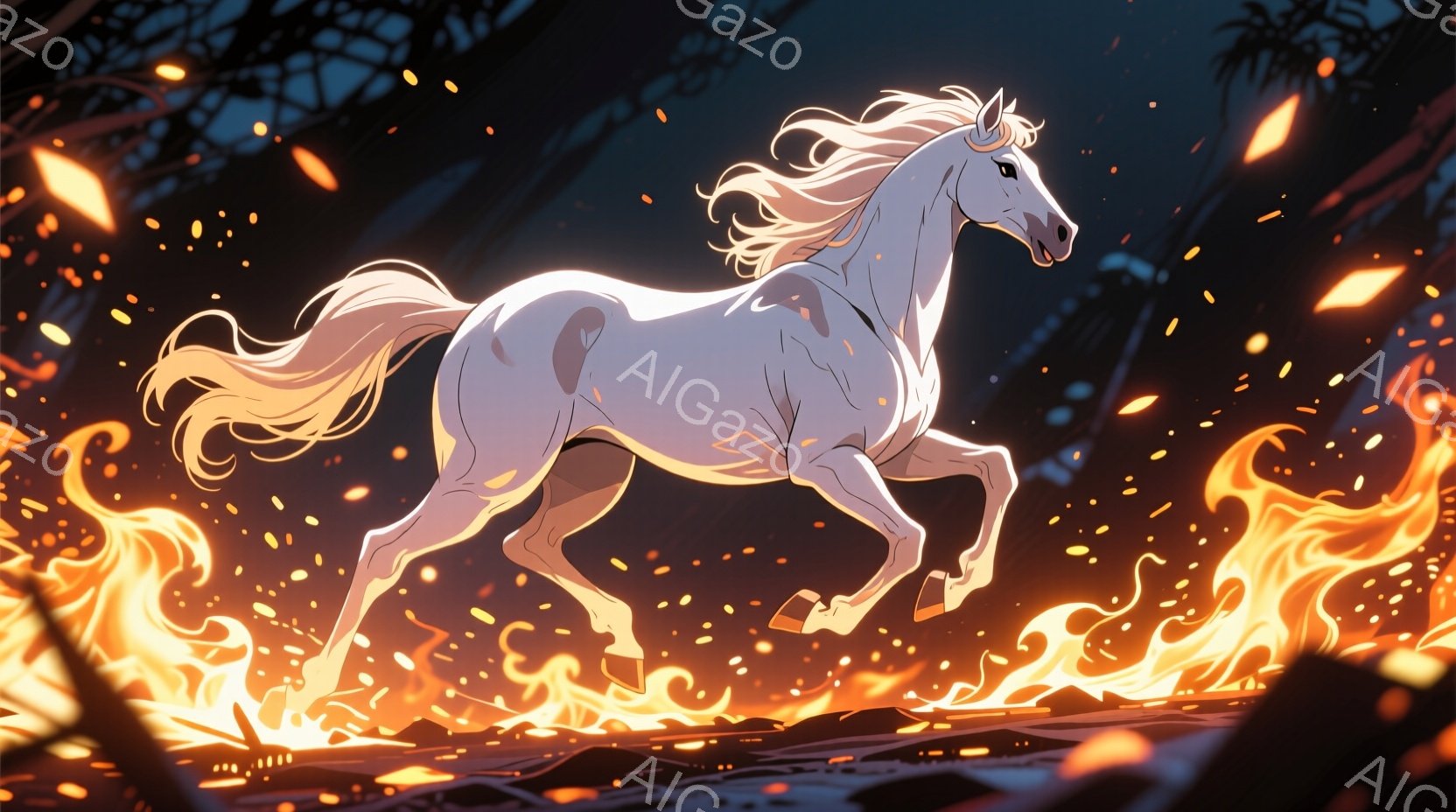 白い馬が炎に包まれた地面を疾走している。たてがみと尾が風になびき、力強く前進する姿が印象的だ。背景は暗く、炎の赤色が馬の白さを際立たせ、神秘的でダイナミックな雰囲気を醸し出している。