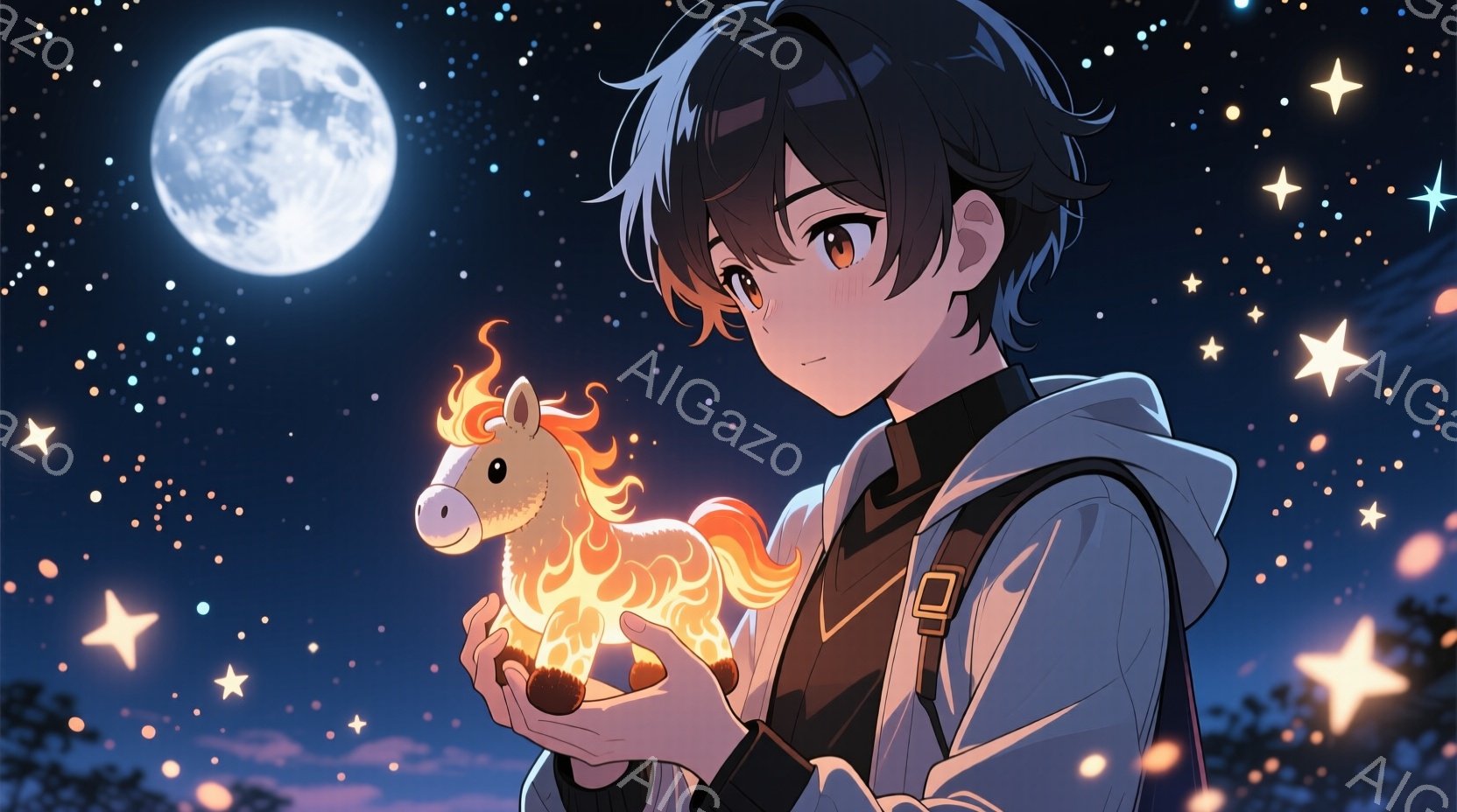 若い男性が、手のひらに光り輝く小さなユニコーンを抱えています。彼は黒髪のふわふわしたヘアスタイルで、白いフード付きジャケットと黒いインナーを着ています。背景には、星空が広がり、ぼんやりとした自然のシル - AI生成フリー素材