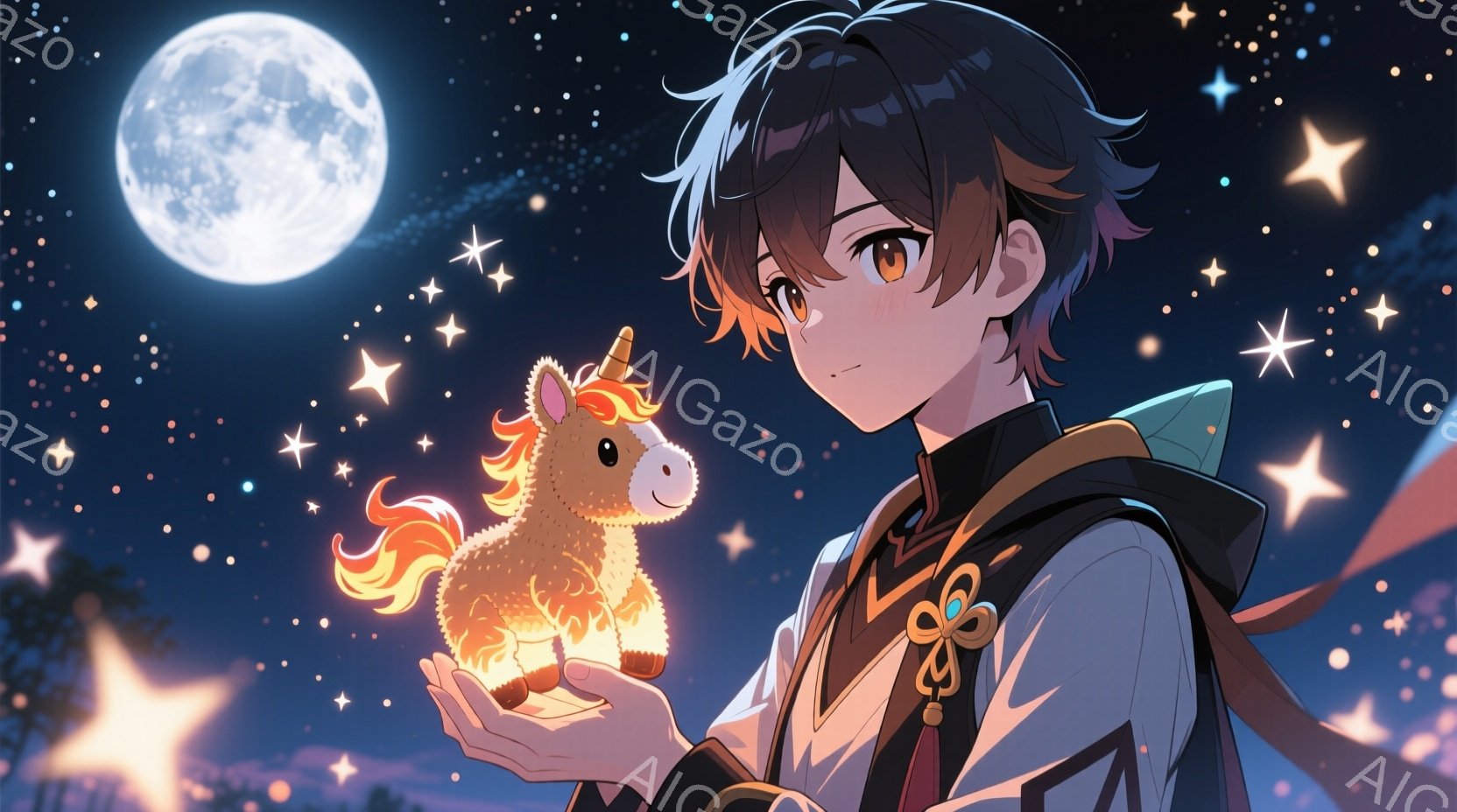 深い青色の夜空を背景に、茶色の髪と金色の瞳を持つ少年が、手のひらに光り輝く小さなユニコーンを乗せています。少年は白を基調とした装飾的な衣装を身に着け、わずかに微笑んでいます。夜空には星が散りばめられ、 - AI生成フリー素材