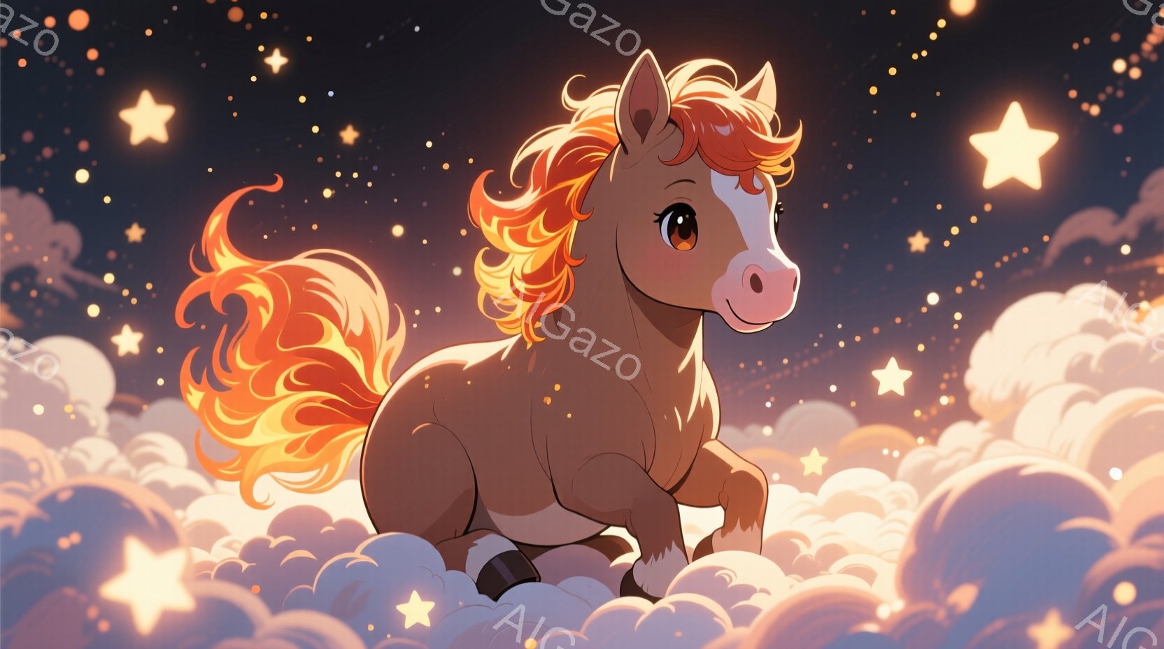 栗色の毛並みを持つ馬が、ふかふかの雲の上を駆ける姿が描かれています。たてがみが炎のように燃え上がり、楽しげな表情で前を見据えています。背景にはきらめく星々が散りばめられ、幻想的で温かい雰囲気を醸し出しています。