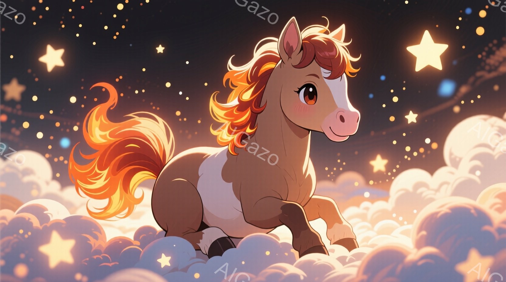 明るい茶色の馬が雲の上を駆け抜けている姿が描かれています。たてがみと尾は燃えるようなオレンジ色で、表情は穏やかで楽しそうです。背景には無数の星とふわふわとした雲が広がり、夢のような幻想的な雰囲気を醸し出しています。
