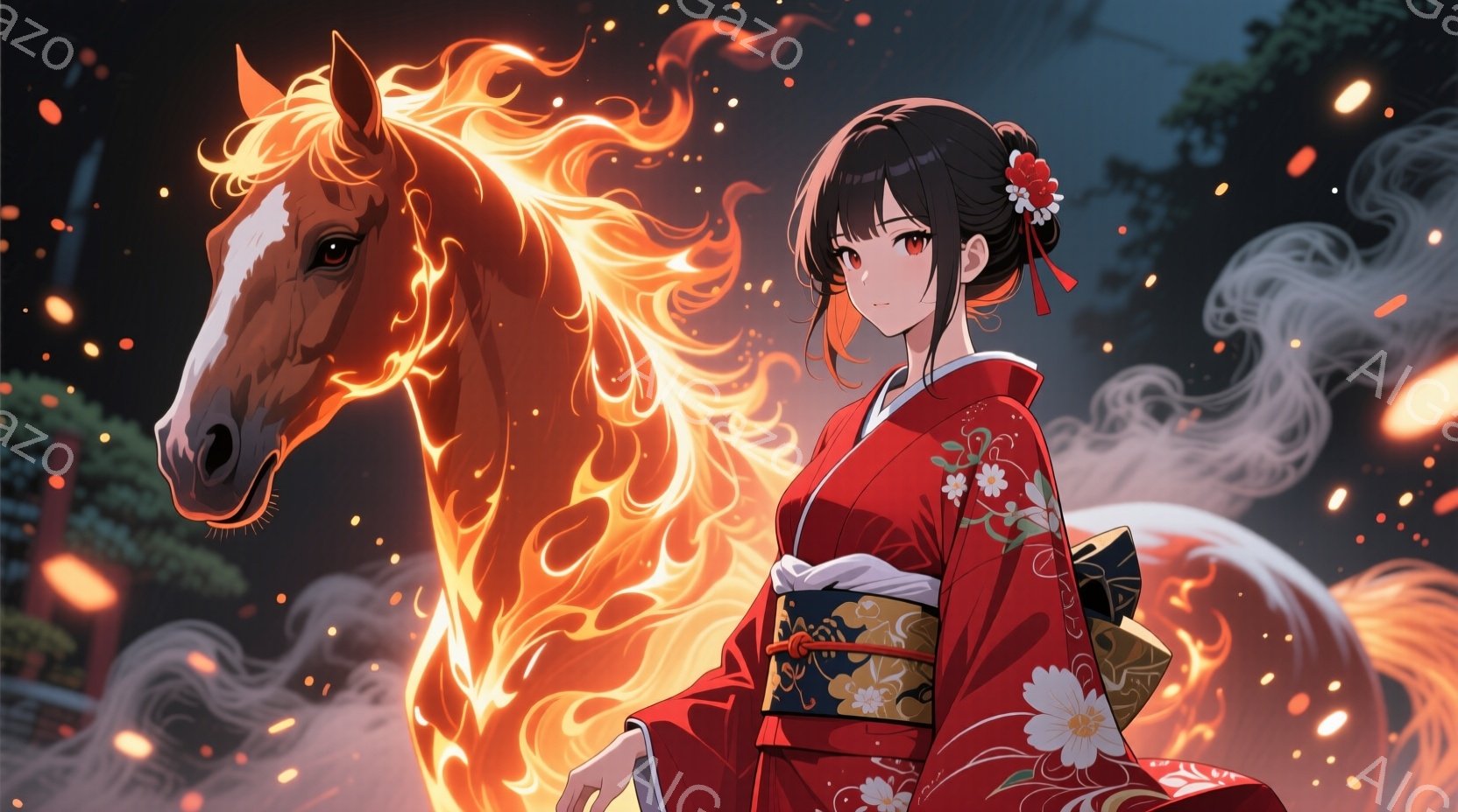 鮮やかな赤い着物を着た若い女性が描かれています。着物には白い花が散りばめられ、黄色と黒の帯が締めてあります。女性は片手を腰に当て、少し微笑みを浮かべており、背景には炎のように燃え盛る馬と、ぼやけた寺院や木々の風景が広がっています。