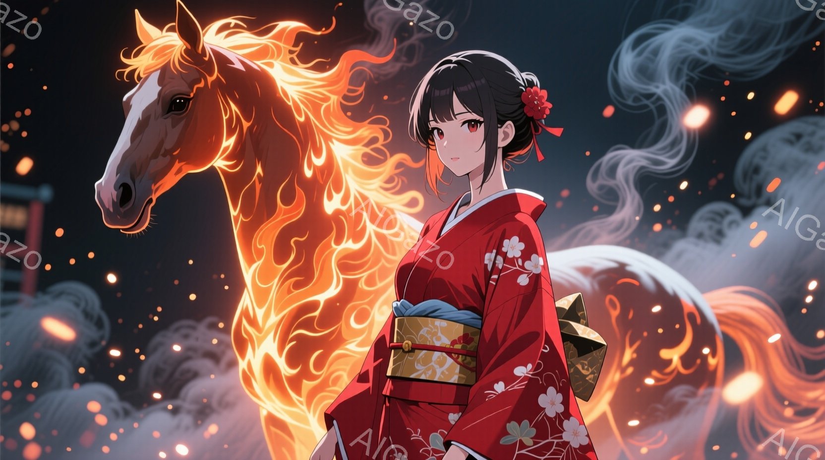 真っ赤な着物を着た女性が、燃え盛るような馬の幻影と共に描かれています。彼女は黒髪を後ろでまとめ、赤い花飾りをつけており、表情はわずかに微笑んでいるように見えます。背景にはぼんやりとした建物と、夜空を彩 - AI生成フリー素材