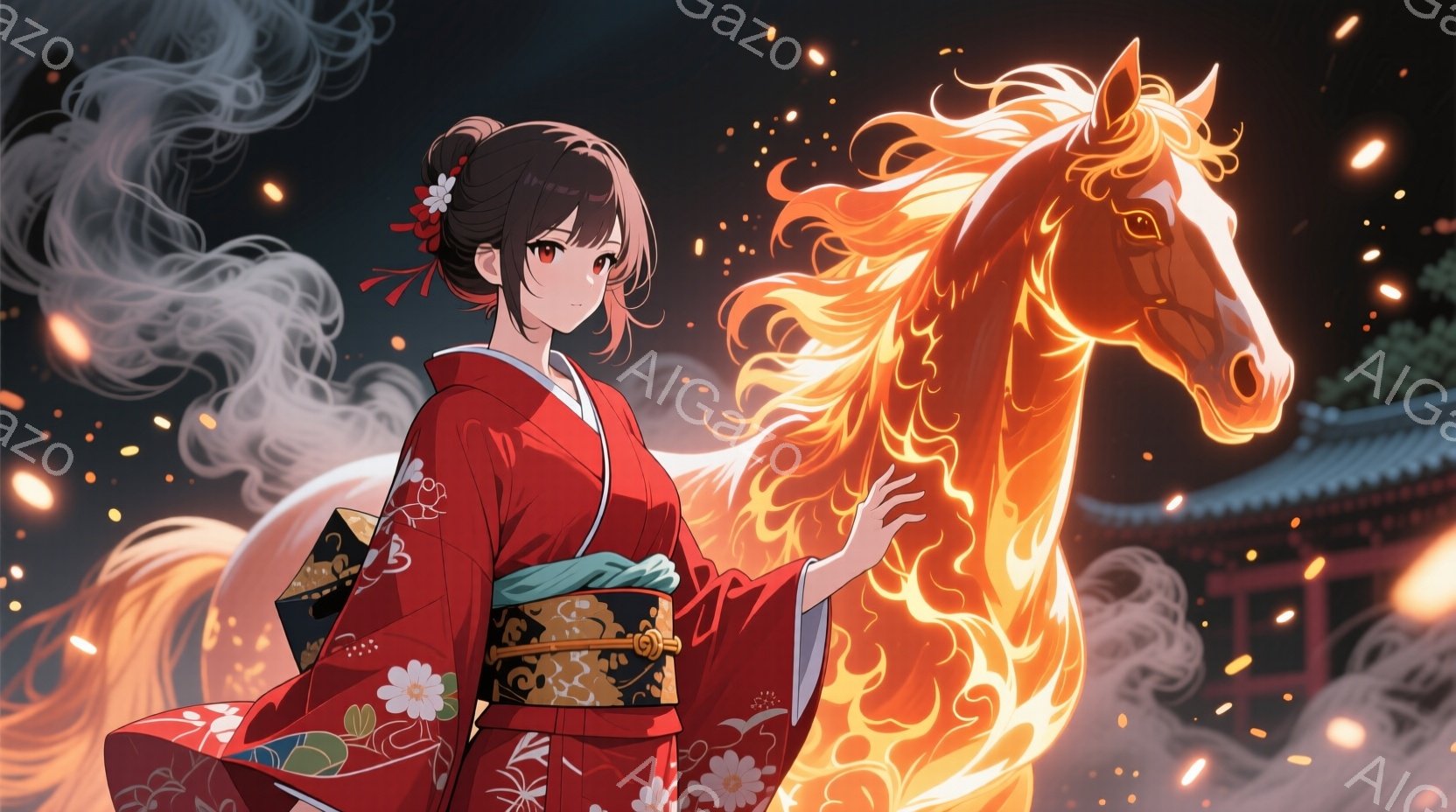 深紅色の着物を着た女性が、炎のように輝く馬に寄り添っている。彼女は黒髪をまとめ、片側に白い花飾りをつけており、穏やかな微笑みを浮かべている。背景には、暗い夜空に浮かび上がる寺院と、舞い上がる火花が描かれ、幻想的で神秘的な雰囲気を醸し出している。