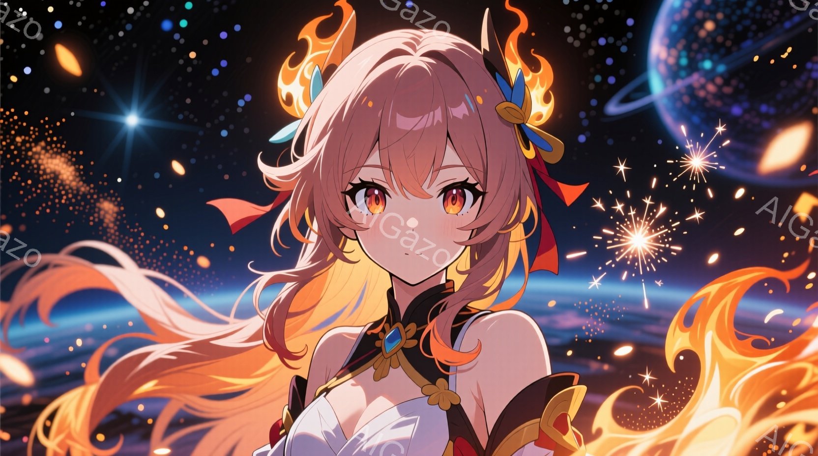 明るいオレンジ色の長い髪に炎のような装飾が施された少女が描かれています。白を基調とした衣装に金色の装飾が施されており、自信に満ちた微笑みを浮かべています。背景には地球が描かれ、星や花火が散りばめられ、幻想的で希望に満ちた雰囲気を醸し出しています。