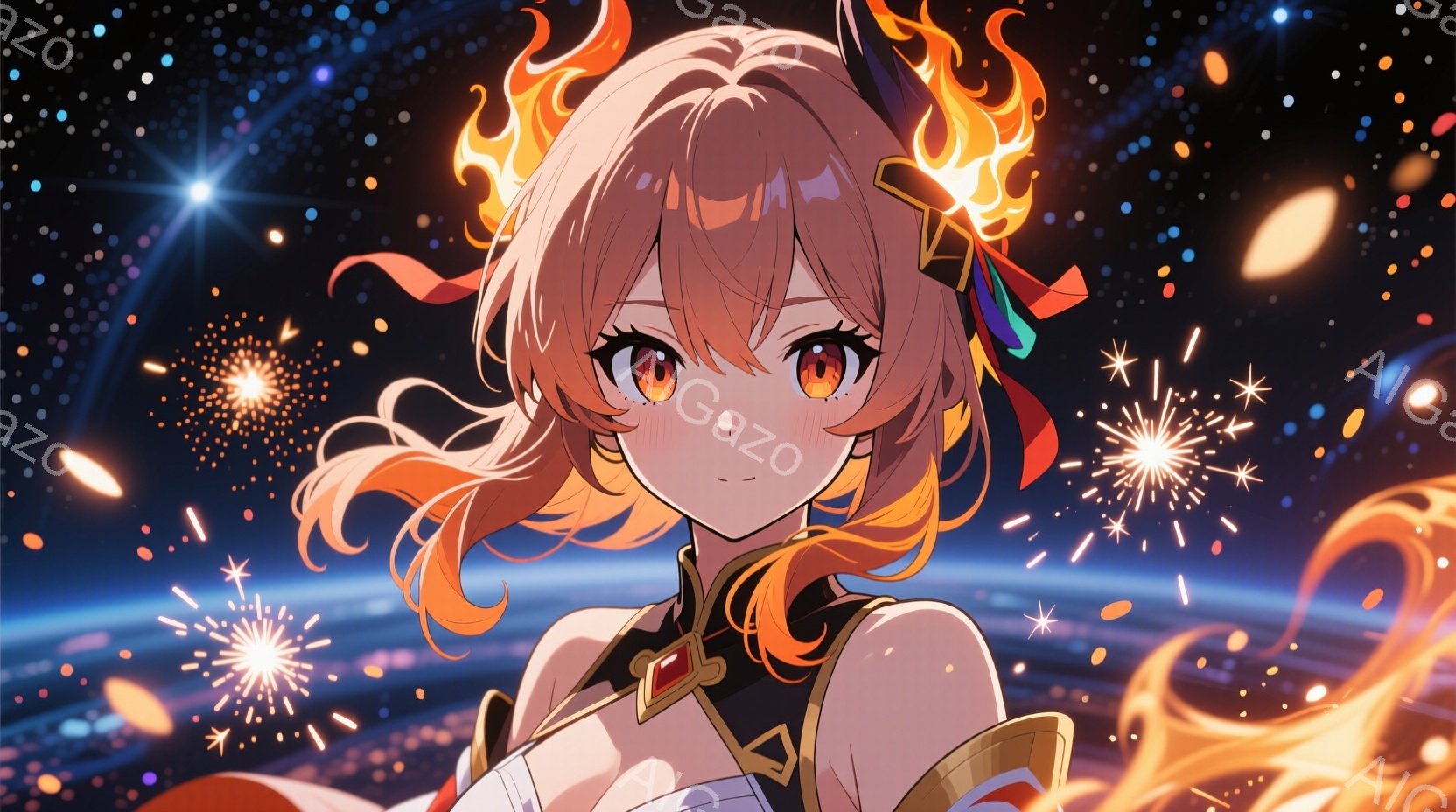 明るいオレンジ色の髪に赤いリボンをつけた少女が描かれています。彼女は肩から胸にかけて黒と金色の装飾が施された服を着ており、自信に満ちた笑顔を浮かべています。背景には、星空と花火が広がり、幻想的で華やかな雰囲気を醸し出しています。