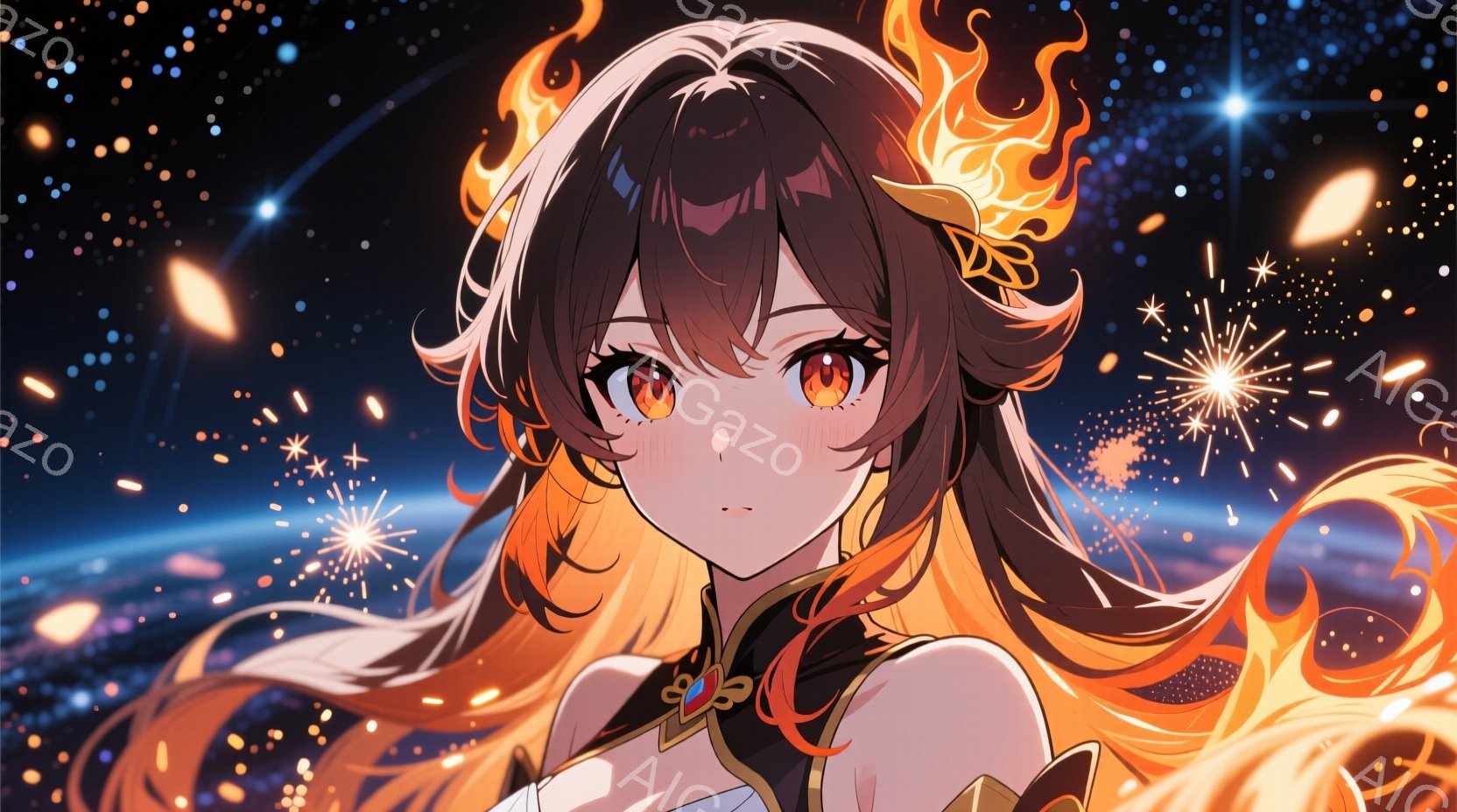 長いオレンジ色の髪に赤い瞳をした若い女性が描かれています。彼女は肩出しの衣装を着ており、髪の毛は炎のように燃え盛っています。背景には夜空と花火が散りばめられており、幻想的な雰囲気を醸し出しています。