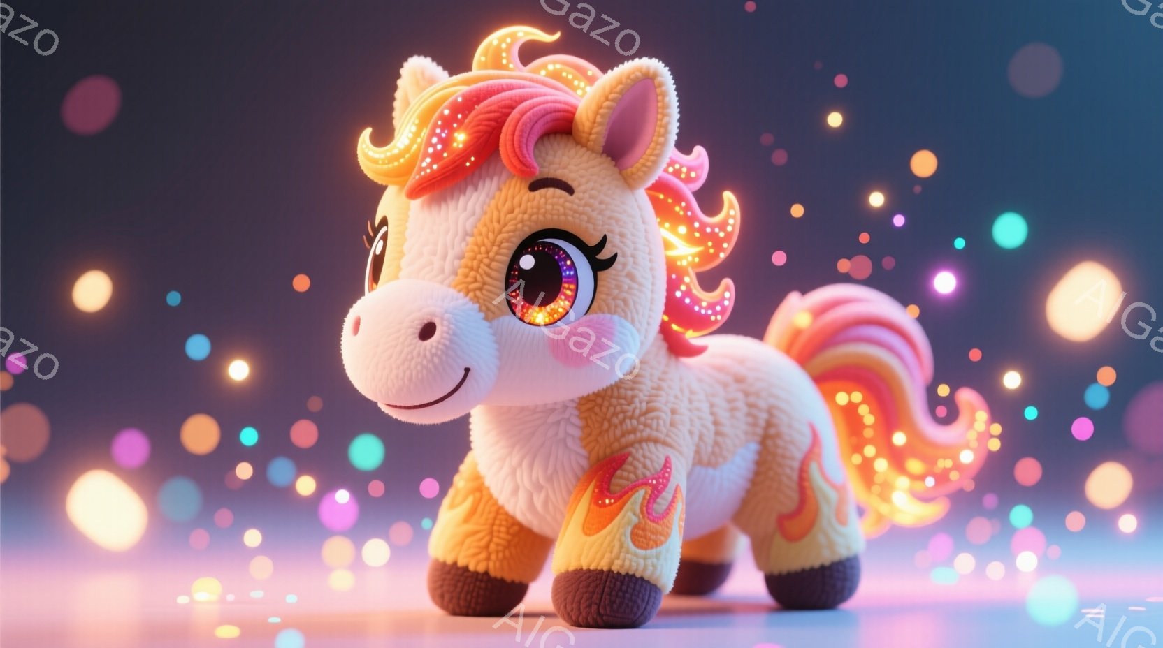 鮮やかなオレンジ色のユニコーンが、ふわふわとした毛並みで愛らしい表情を浮かべている。背中には炎のような模様が描かれた赤い布があり、たてがみと尾は鮮やかなオレンジとピンクのグラデーションが特徴的だ。背景 - AI生成フリー素材