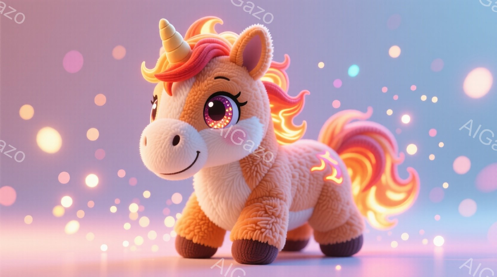 ふわふわのオレンジ色のユニコーンが、輝く角とカールしたたてがみ、そして大きな輝く目を持っています。ユニコーンは正面を向いて微笑んでおり、背景にはぼやけたピンクと紫の光の粒子が散りばめられています。全体 - AI生成フリー素材