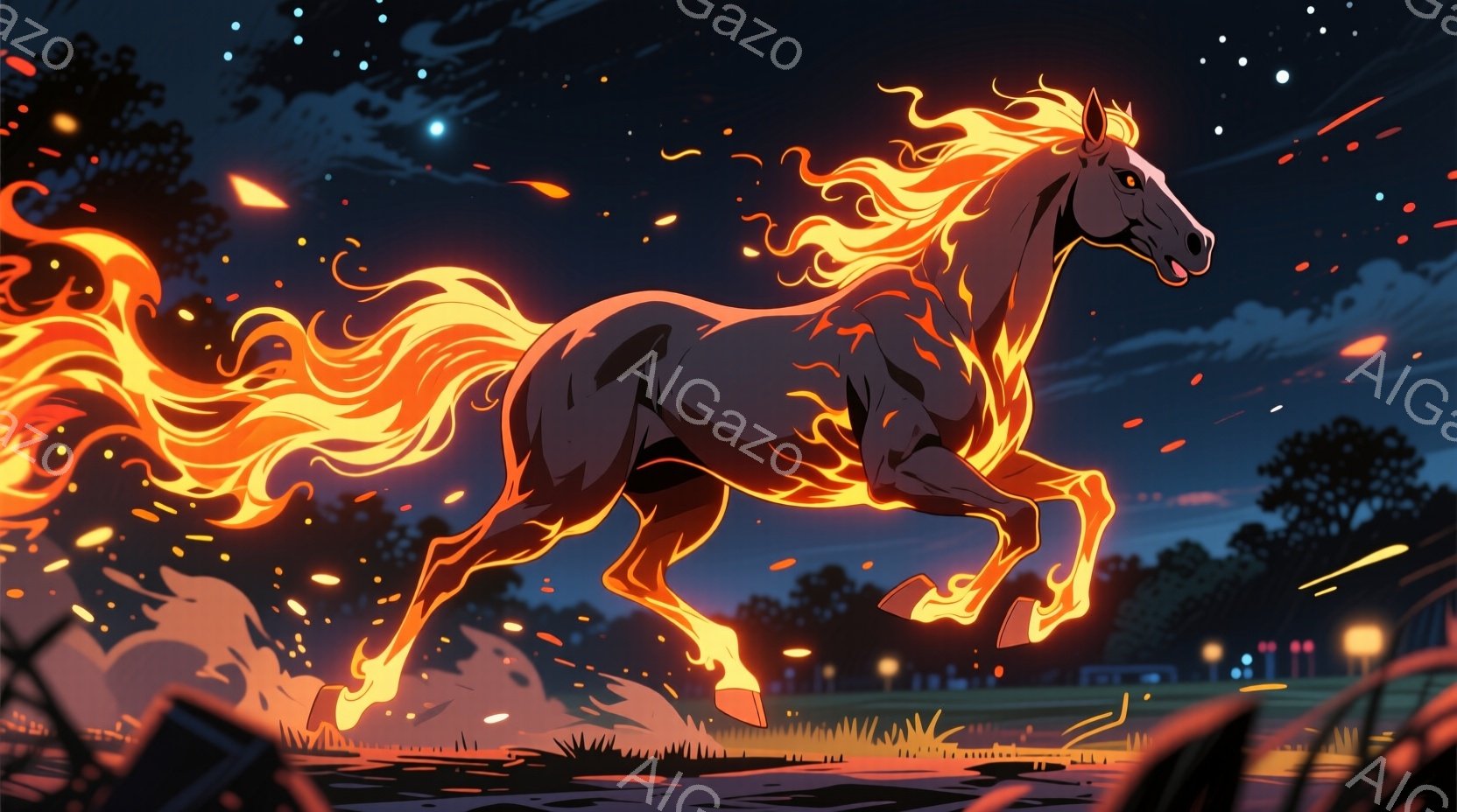 深い青色の夜空の下、炎のような鬣と尾を持つ黒い馬が草原を疾走している。馬の体からはオレンジ色の光が放射されており、周囲に火花が散っている。背景にはぼんやりと見える建物や木々があり、幻想的で力強い雰囲気を醸し出している。