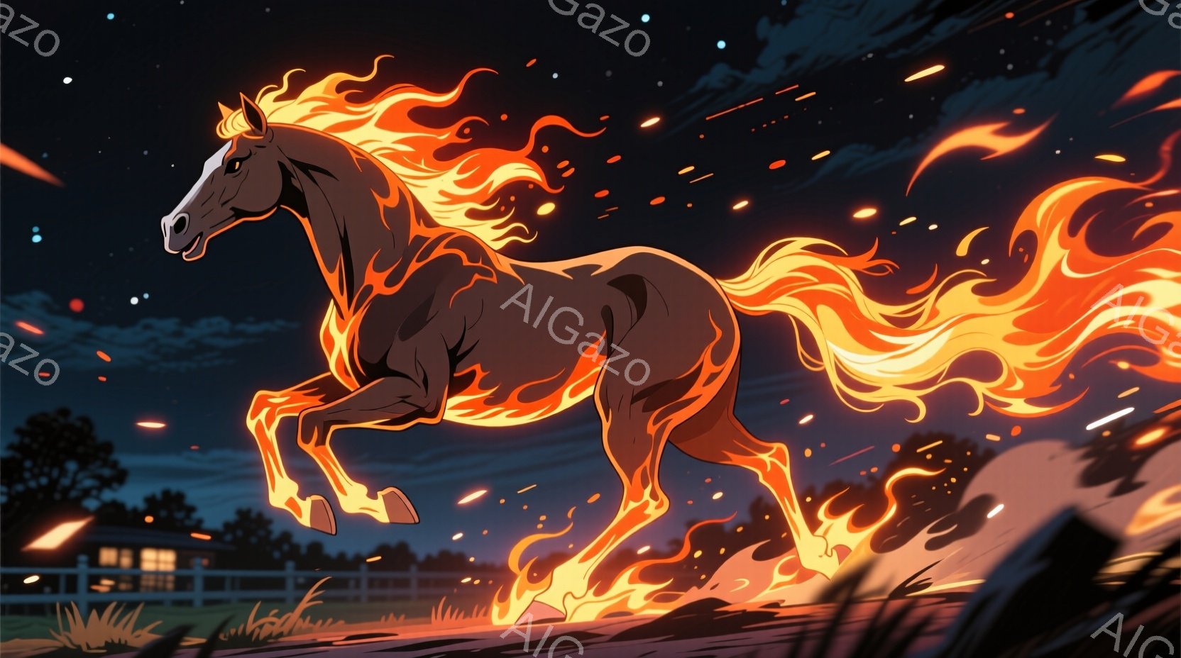 燃え盛る炎のような毛並みを持つ馬が、夜の草原を疾走している。背景には薄暗い建物や木々が見え、空には星が散りばめられている。馬の周りには火花が舞い、力強く神秘的な雰囲気を醸し出している。