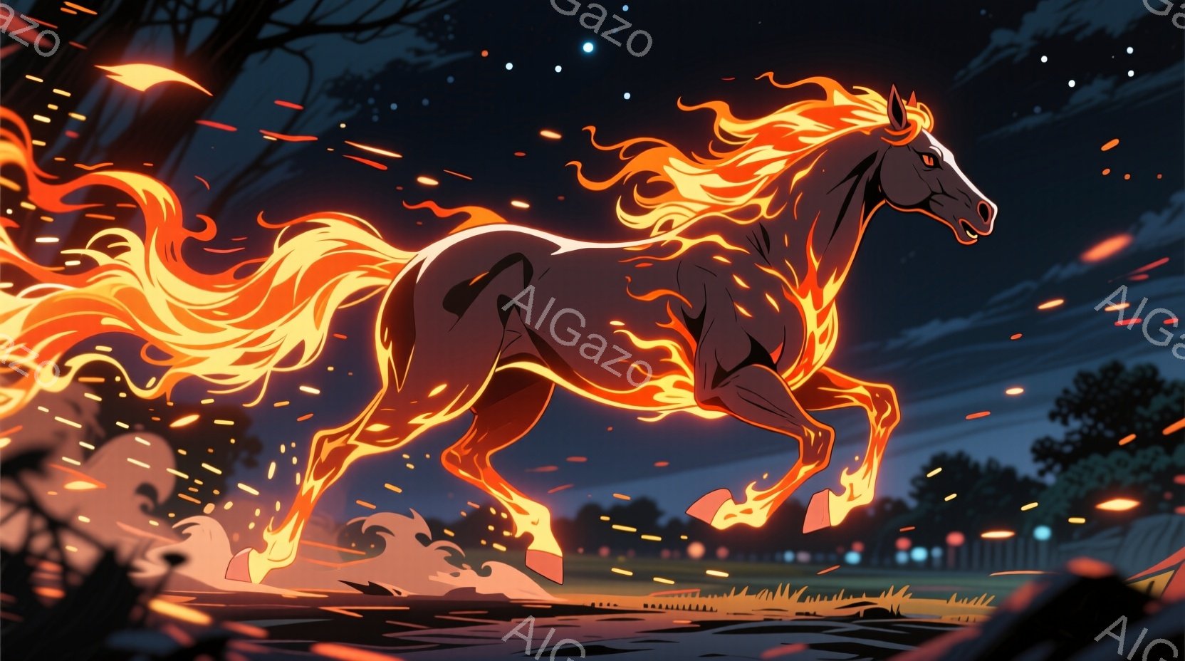 燃え盛る炎のような鬣と尾を持つ黒い馬が、夜の草原を疾走している。馬の体からは火花が散り、周囲には燃え盛るような光が広がっており、その姿はまるで夜の精霊のようだ。背景には暗い木々と微かな光の点々があり、神秘的で幻想的な雰囲気を醸し出している。