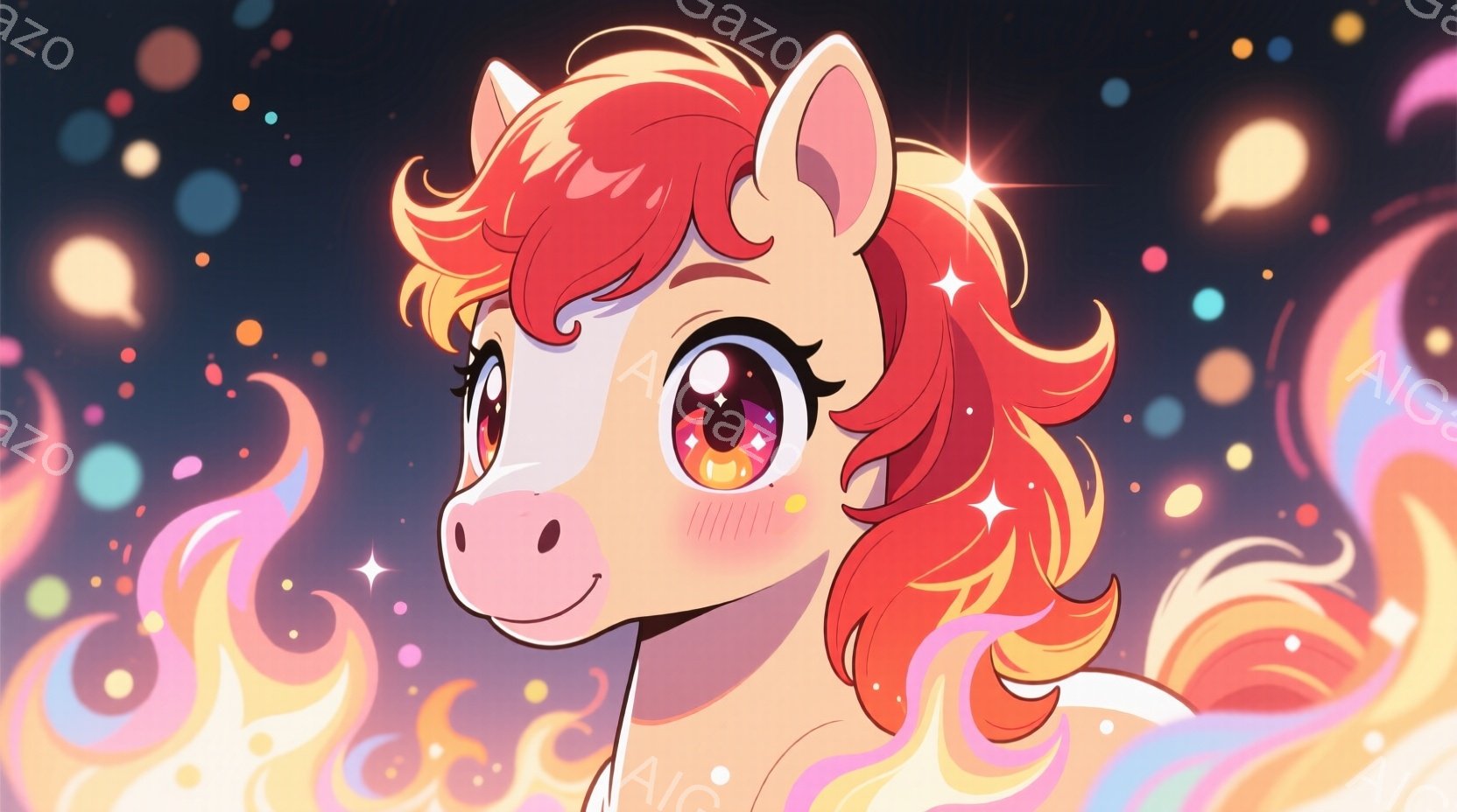 鮮やかなオレンジ色のたてがみが特徴的なユニコーンが描かれています。つぶらな瞳はキラキラと輝き、頬には薄いピンク色の腮が描かれ、優しげな表情をしています。背景は暗い夜空に、様々な色合いの光の粒子が散りば - AI生成フリー素材