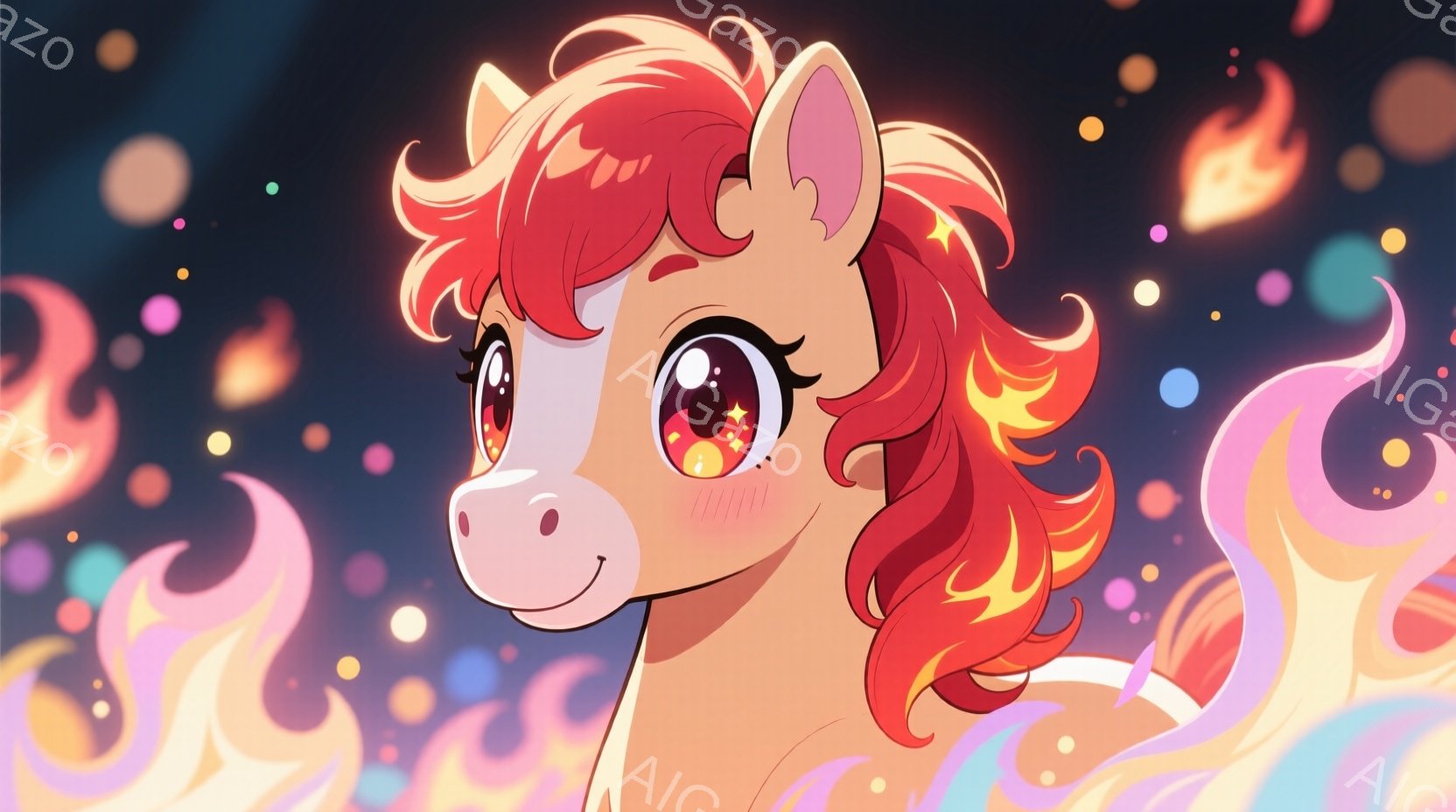 明るいオレンジ色の鬣を持つユニコーンが描かれています。大きな瞳は輝きに満ちており、微笑みを浮かべています。背景には炎のような模様と、きらめく光の粒子が散りばめられており、ファンタジックで活気のある雰囲 - AI生成フリー素材