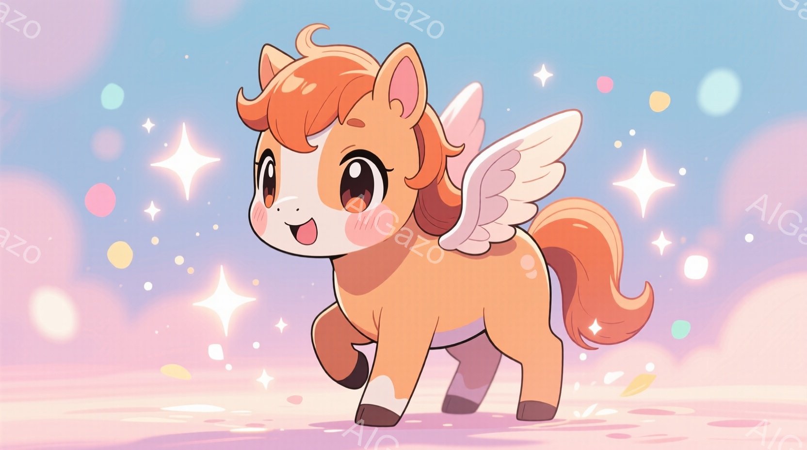 明るいオレンジ色のペガサスが描かれています。大きな瞳と開いた口元からは喜びが伝わってきます。背景は淡いピンクと水色のグラデーションで、キラキラとした光が舞い、ファンタジーのような優しい雰囲気を醸し出しています。