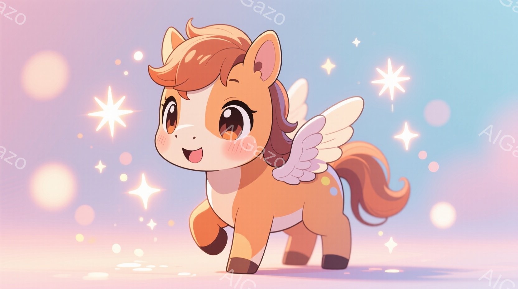 鮮やかなオレンジ色のペガサスが、かわいらしい表情でこちらを見ている。たてがみと尻尾はカールしていて、柔らかい光沢がある。背景はパステルカラーのグラデーションで、キラキラと輝く星のような光が散りばめられており、夢のような雰囲気を作り出している。