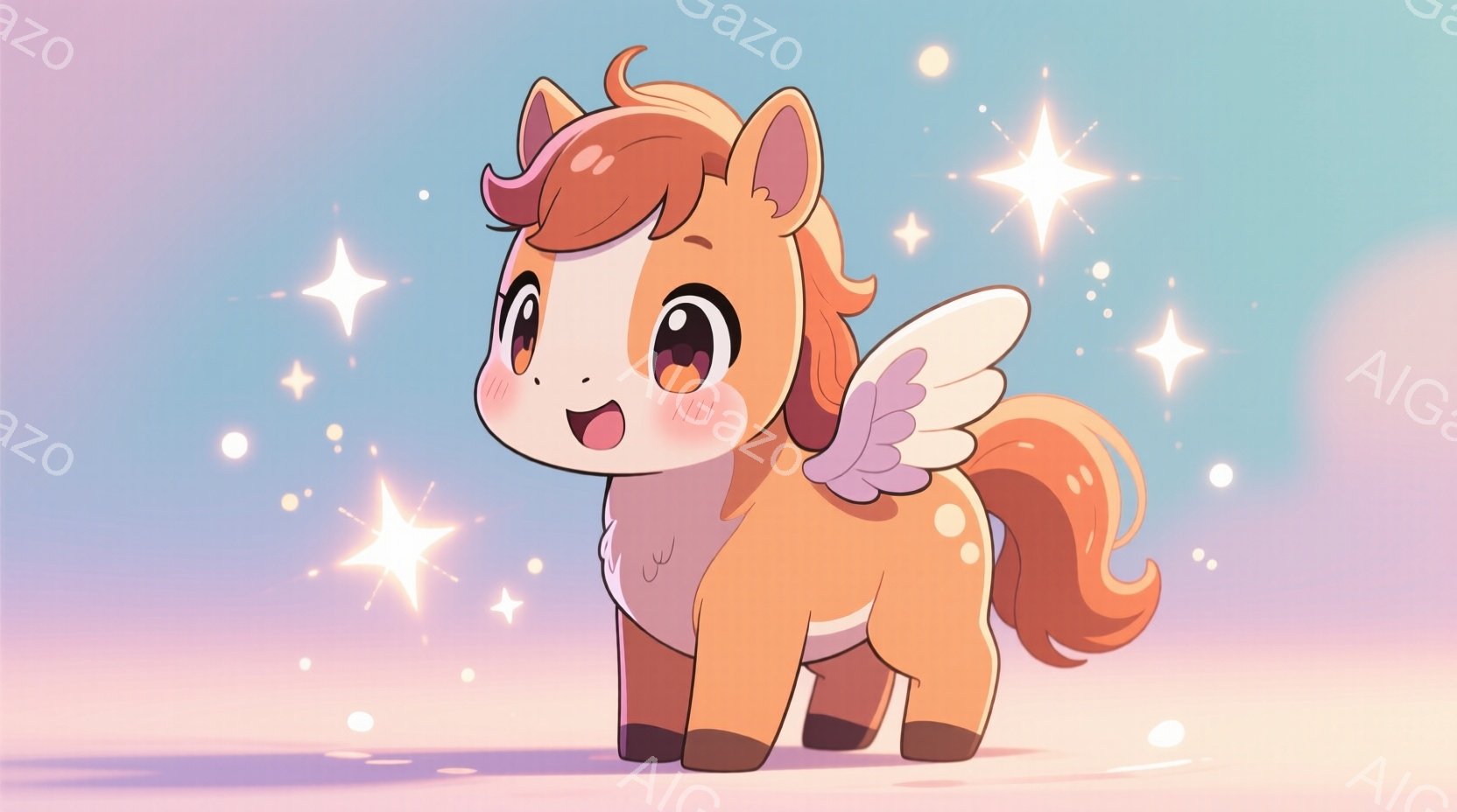 明るいオレンジ色の小さなペガサスが描かれており、白い下着を身に着けています。大きな輝く目と開いた口で嬉しそうな表情をしており、少し片足を上げて歩いているようです。背景はパステルカラーのピンクと紫で、星のような光が散りばめられており、全体的に夢のような、幻想的な雰囲気を醸し出しています。