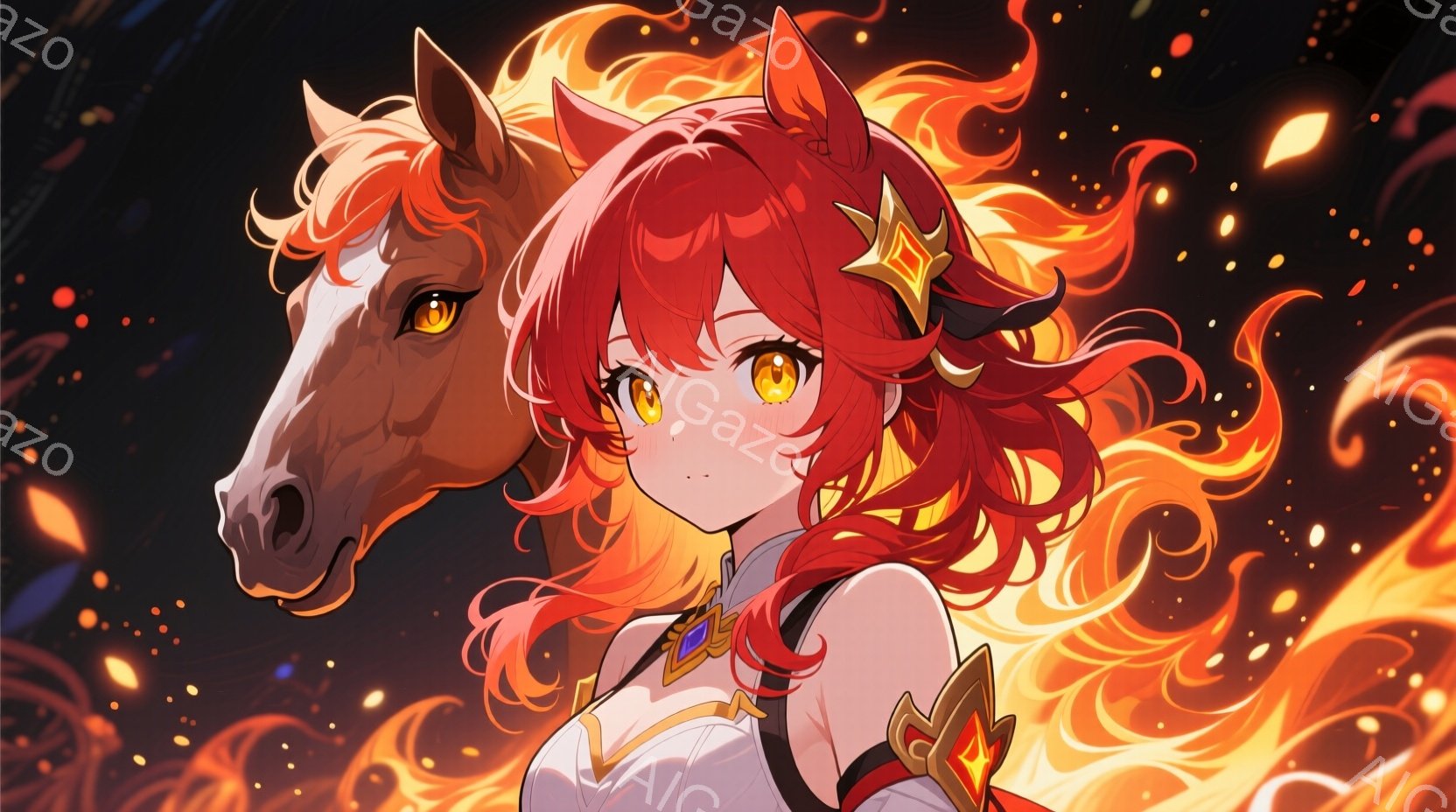 明るい赤色の髪を持つ若い女性が描かれており、髪は炎のように逆立ち、肩まで覆っている。彼女は白いブラウスに赤いアクセントが入った衣装を身に着けており、自信に満ちた表情で正面を見つめている。背景は燃え盛る - AI生成フリー素材