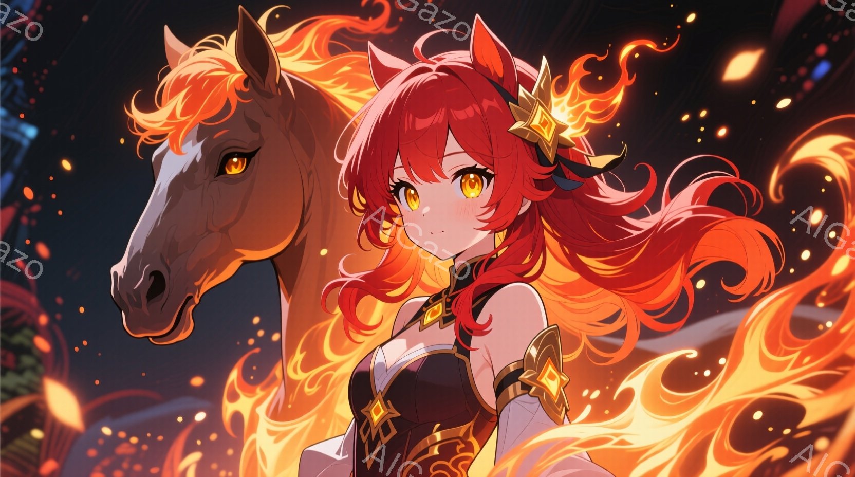 明るい赤髪の少女が、燃え盛る炎に囲まれた茶色の馬の首に寄り添っている。彼女は黒と金の装飾が施された中国風の衣装を身につけ、燃えるような赤色の髪は肩まで伸び、躍動感のある姿勢で馬を見つめている。背景は炎と光の渦巻きで、全体的に活気に満ちた、力強い雰囲気を醸し出している。