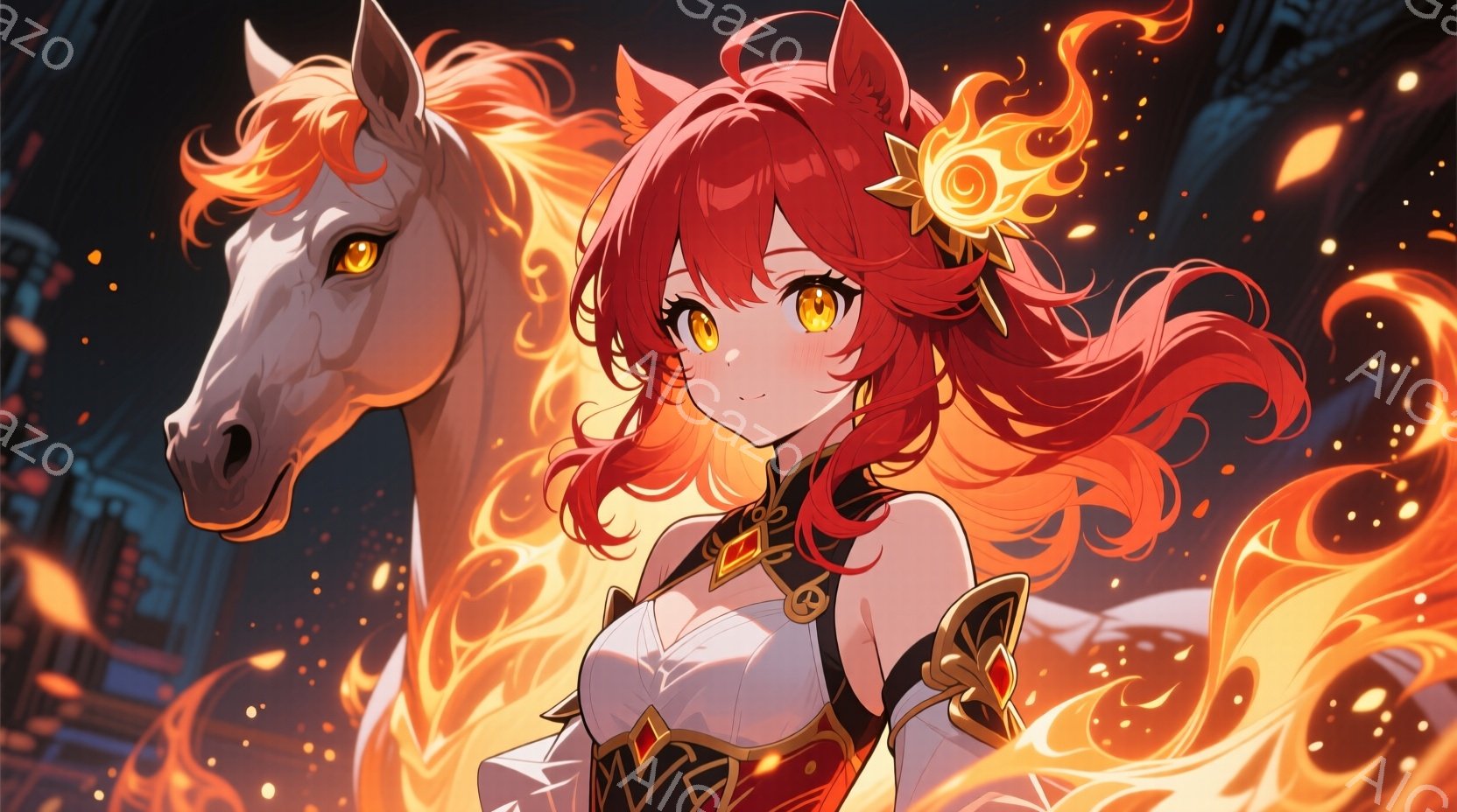 燃えるような赤髪の女性が描かれており、複雑な模様の白い衣装と黒い装飾を身につけています。彼女は片手を前に出し、自信に満ちた表情で、背後には炎のようなエネルギーと、白馬のシルエットが浮かび上がっています - AI生成フリー素材