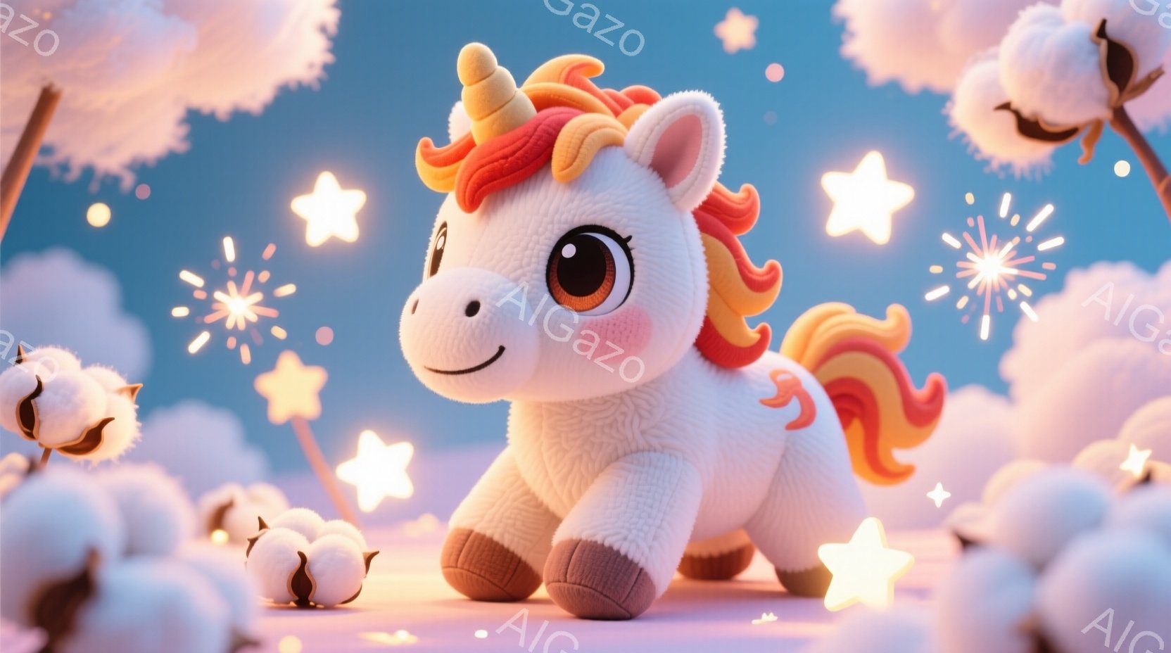 ふわふわとした白いユニコーンが、ピンクとオレンジの巻き毛のたてがみと尾で飾られています。明るい笑顔と大きな瞳を持ち、愛らしい表情をしています。背景には綿のような白い花が咲き乱れ、星のような光が散りばめ - AI生成フリー素材