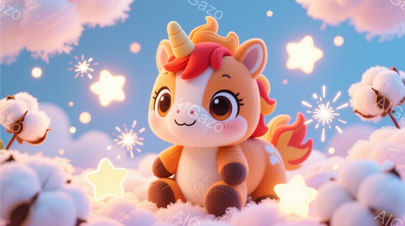 明るいオレンジ色のユニコーンのぬいぐるみは、ふわふわとした白い雲の上に座っており、愛らしい表情をしています。燃えるような赤色のたてがみと、ねじれた金の角が特徴です。背景には、星と花火が散りばめられた、 - AI生成フリー素材