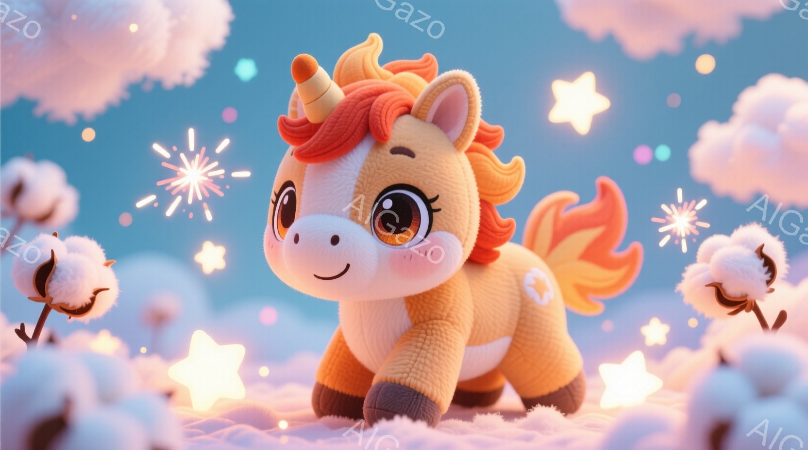 ふわふわとした金色のユニコーンを描いています。鮮やかなオレンジ色のたてがみと尾を持ち、大きな輝く瞳と微笑みを浮かべています。背景はパステルカラーの雲と星で満たされ、まるで夢のような幻想的な雰囲気が漂っ - AI生成フリー素材