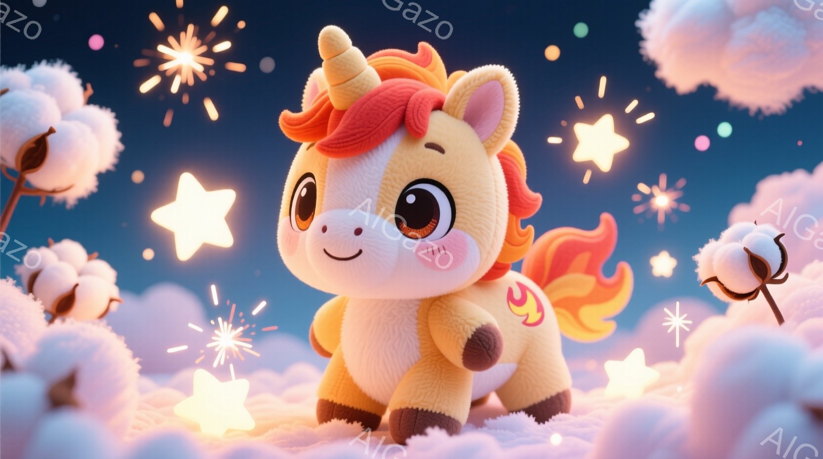 ふわふわとした茶色のユニコーンが雲の上に立っている様子を描いています。ユニコーンはオレンジ色のたてがみと尾を持ち、つぶらな瞳と穏やかな笑顔で可愛らしい印象を与えます。背景には雲と星が散りばめられており、ファンタジックで夢のような雰囲気を醸し出しています。