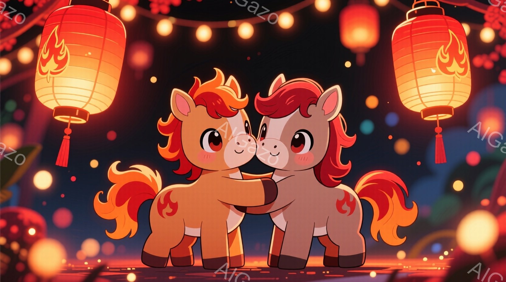 2匹の可愛らしい馬が寄り添って立っています。クリーム色の体に赤とオレンジのたてがみと尾を持ち、白い服を着ています。背景には赤い提灯が並び、ぼんやりとした光が広がり、お祭りや祝祭の暖かい雰囲気を醸し出しています。