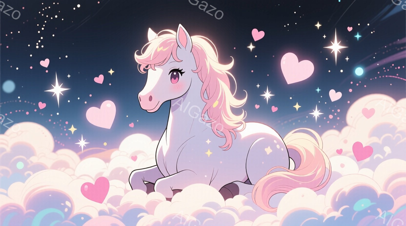 白いユニコーンが雲の上に横たわっており、ふんわりとしたピンク色のたてがみが特徴的です。 穏やかな表情で、優しい雰囲気を醸し出しています。 背景は夜空で、星とハートの輝きが幻想的な雰囲気を高めています。