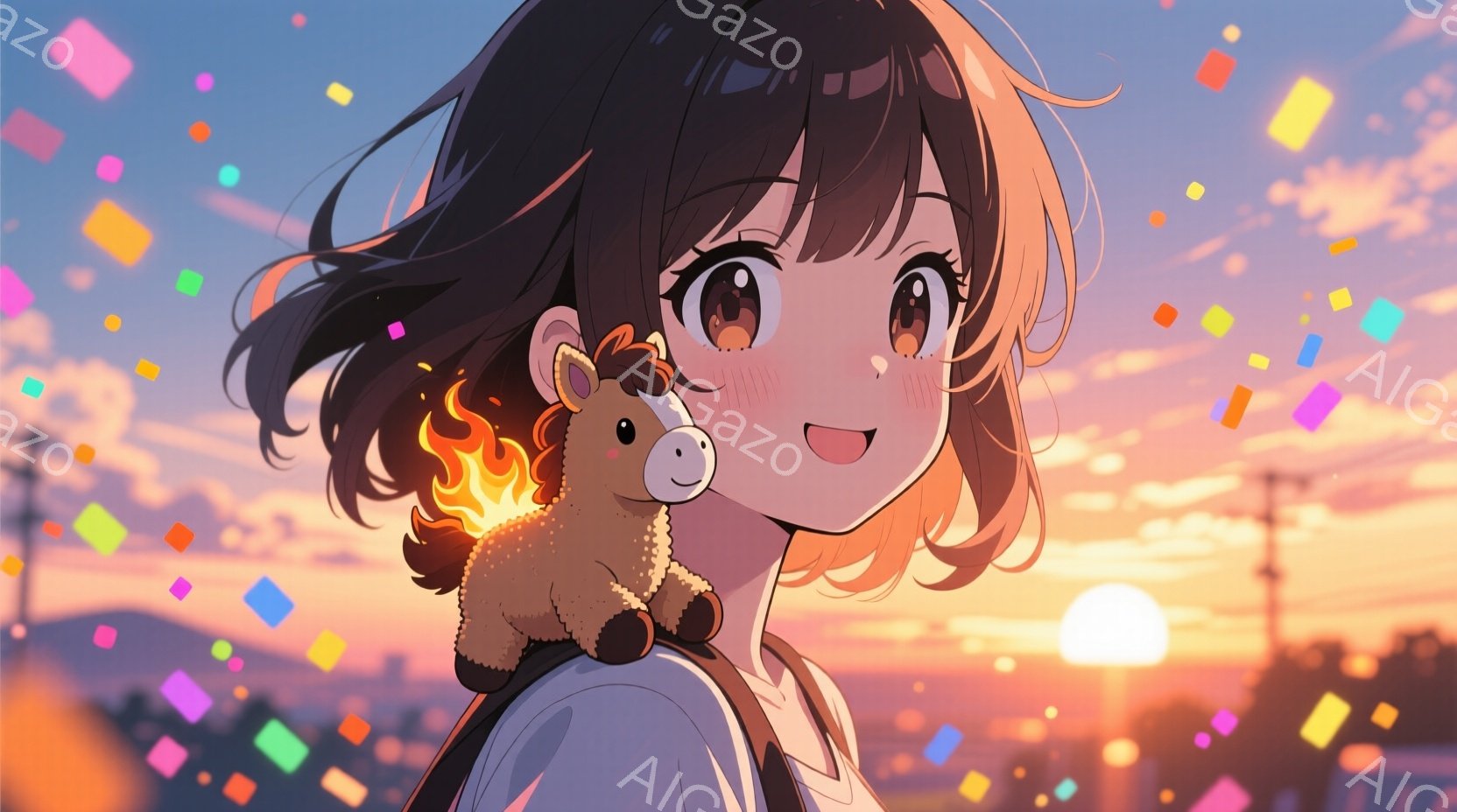 短い茶色の髪を持つ少女が、夕焼けを背景に微笑んでいます。彼女は肩に小さなぬいぐるみ（おそらくヒツジ）を乗せ、そのぬいぐるみは炎のようなエフェクトで飾られています。背景には、夕焼けに照らされた都市の風景が広がり、空にはカラフルな紙吹雪が舞っています。