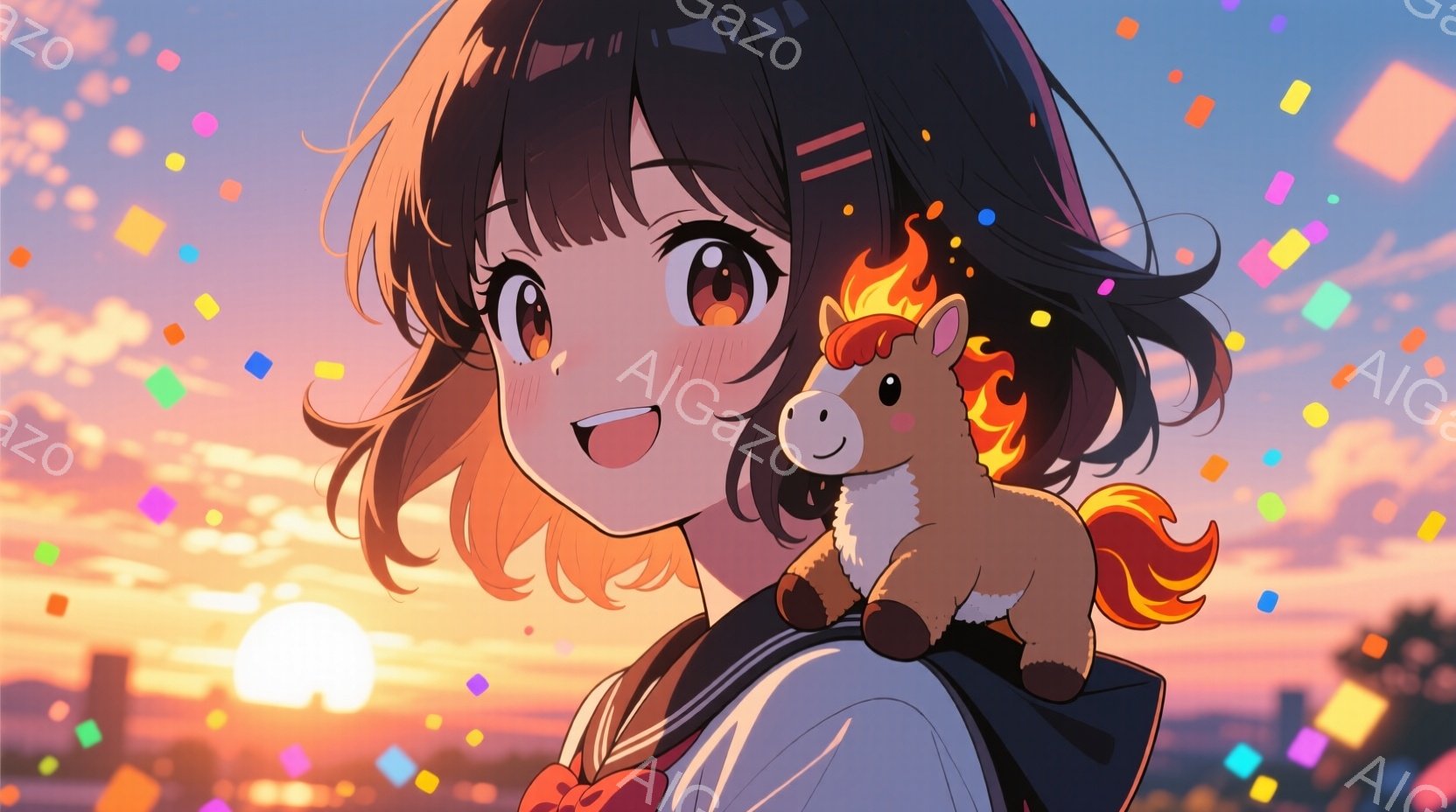 明るい茶色の巻き髪に赤いリボンをつけた少女が、夕焼けを背景に微笑んでいる。彼女はセーラー服を着ており、肩にはぬいぐるみのかわいい馬が乗っている。背景には都市のスカイラインと暖色系の夕焼け空が広がり、キ - AI生成フリー素材