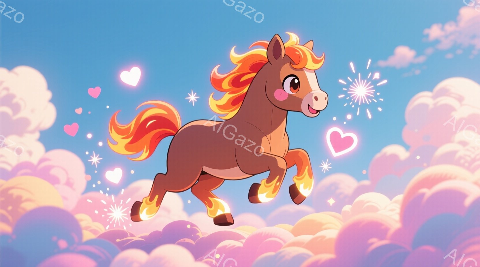 暖かく茶色の馬が雲の上を駆け抜けています。たてがみと尾は燃えるように赤く、足元からはキラキラとした光が放たれています。背景は淡いピンクと水色の雲で、全体的に幻想的で幸せな雰囲気を醸し出しています。