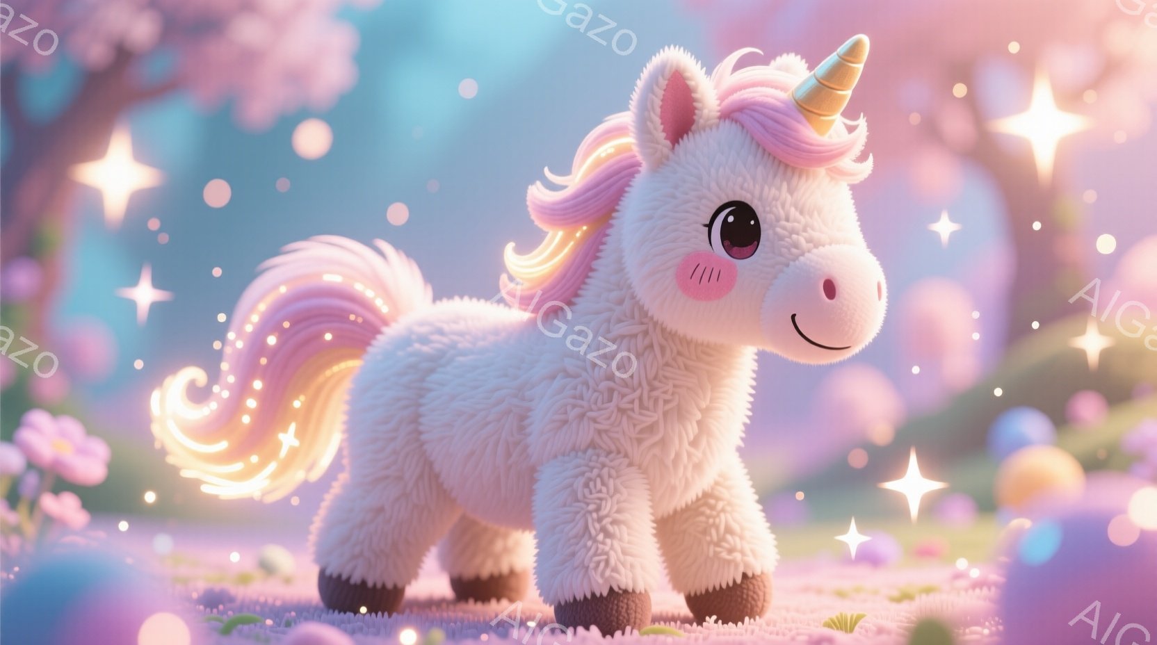 ふわふわとした白いユニコーンが、ピンクと紫のグラデーションがかった背景の中で立っています。そのたてがみと尾は、ピンクと紫のストライプで彩られ、可愛らしい表情をしています。背景には、ぼやけた花々やきらめ - AI生成フリー素材