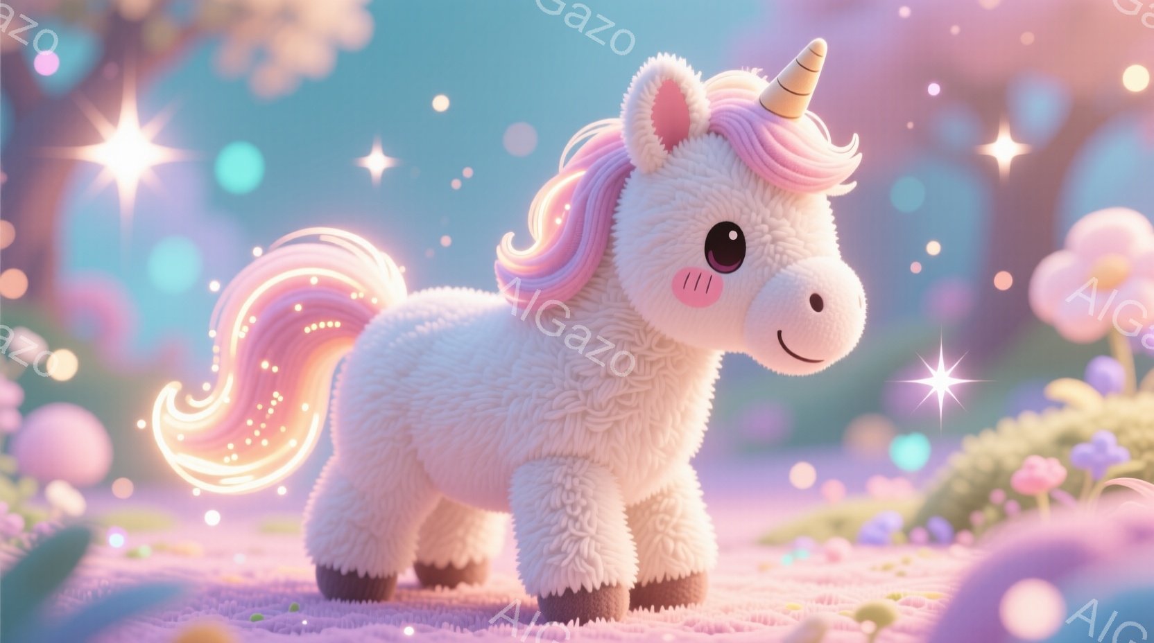 ふわふわとした白いユニコーンが、ピンクと紫のグラデーションのたてがみと尻尾で飾られています。つぶらな瞳と小さな鼻が可愛らしく、穏やかな表情で地面に立っています。背景には、ぼやけたピンクと紫の花々が咲き - AI生成フリー素材