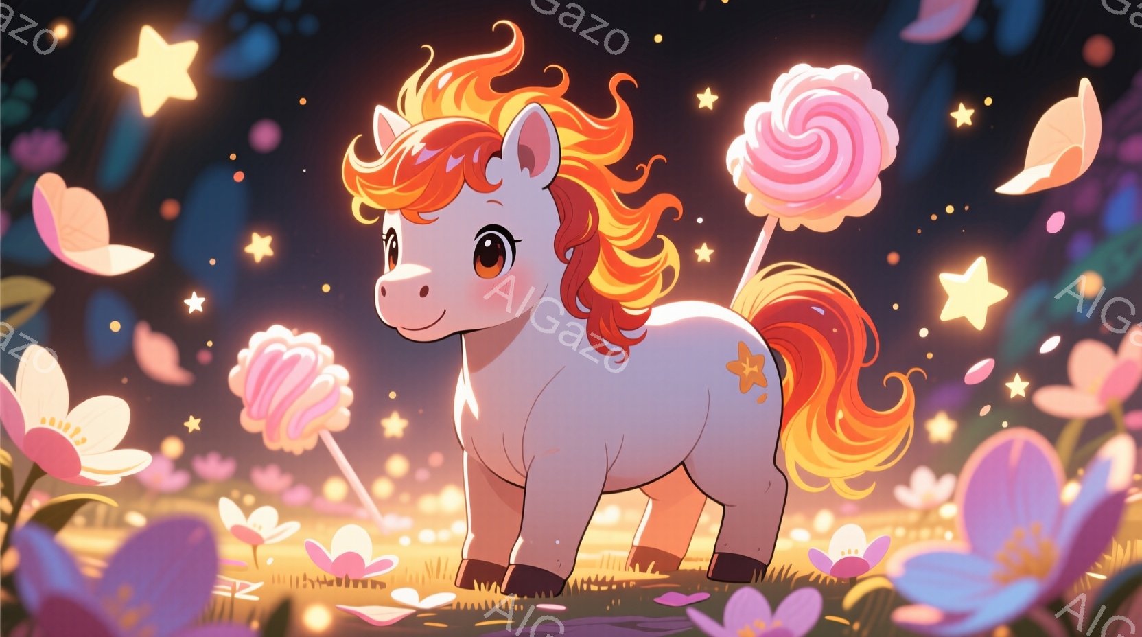 白いユニコーンが、鮮やかなオレンジ色のたてがみと尾を持ち、楽しげな表情で草の上に立っている。背景には、ピンク色の花々が咲き乱れ、キャンディーや星が散りばめられた幻想的な風景が広がっている。全体的に暖か - AI生成フリー素材