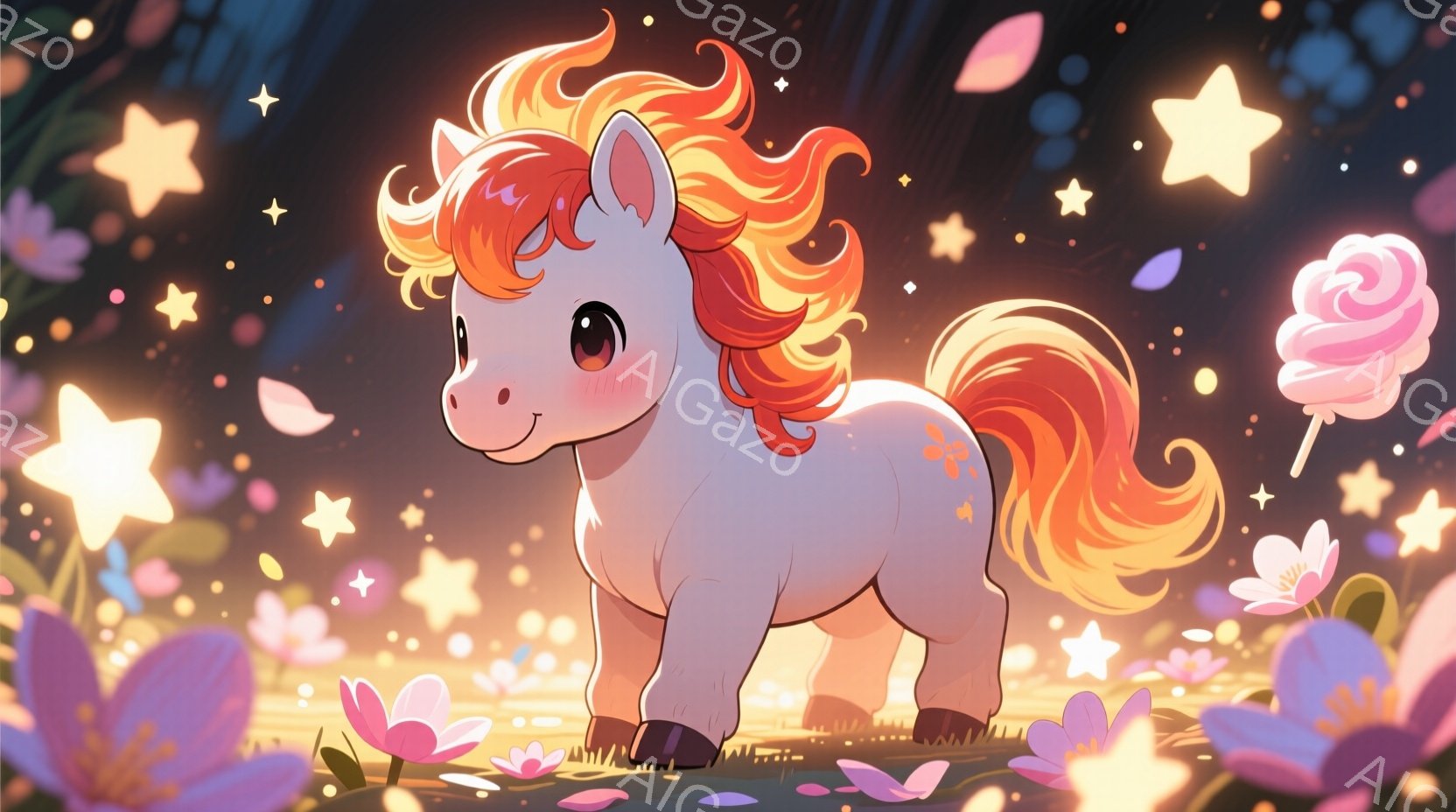 白いユニコーンが、鮮やかなオレンジ色のたてがみと尻尾で飾られています。彼女は穏やかな笑顔を浮かべ、花や星が散りばめられた草の上に立っています。背景は淡い光に包まれ、幻想的で夢のような雰囲気を醸し出して - AI生成フリー素材