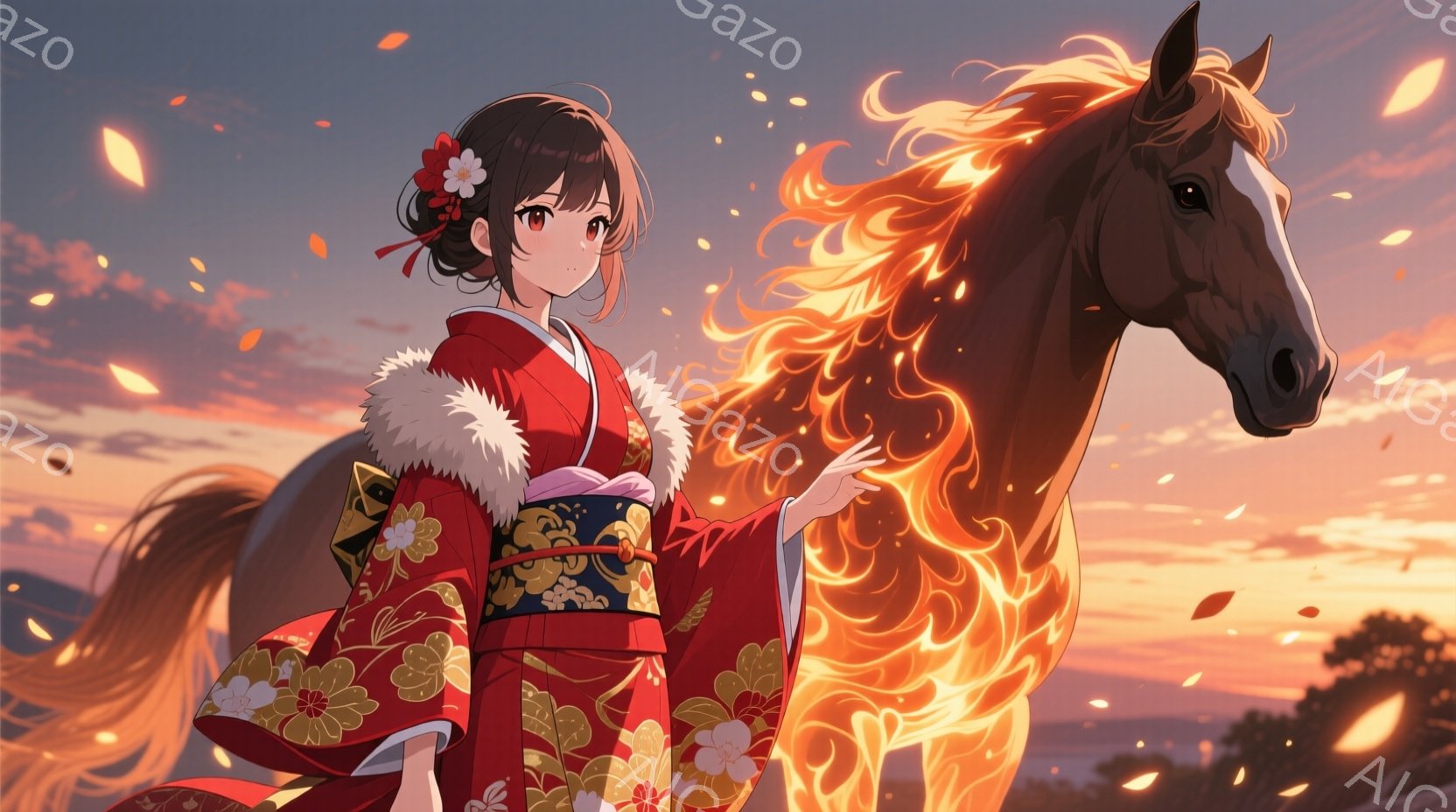 鮮やかな赤い着物を着た女性が、炎のように輝く馬の隣に立っています。女性は肩に白いファーをあしらった着物を着ており、髪は後ろで結い上げられ、花の髪飾りをつけています。背景には夕焼けの空と、遠くの山々が広 - AI生成フリー素材