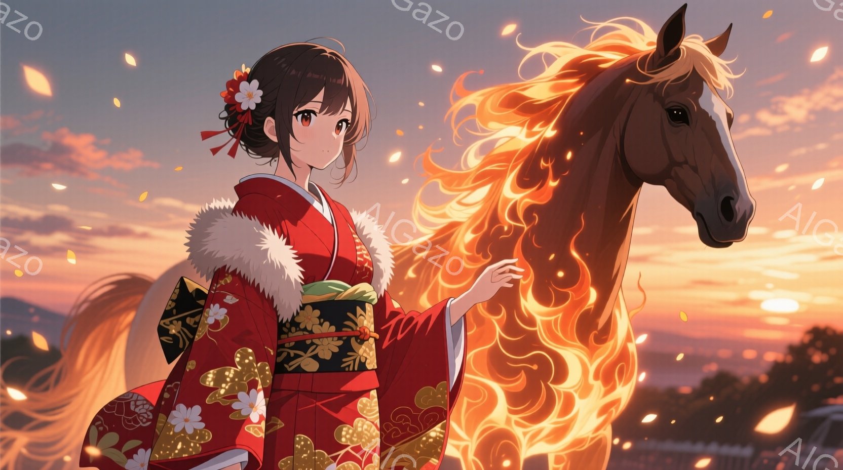 鮮やかな赤色の着物を着た女性が、炎を纏った馬の隣に立っています。女性は黒髪を後ろでまとめ、白い花飾りをつけており、穏やかな表情で馬に手を伸ばしています。背景には夕焼けの空と山々が広がり、舞い散る花びらが幻想的な雰囲気を醸し出しています。