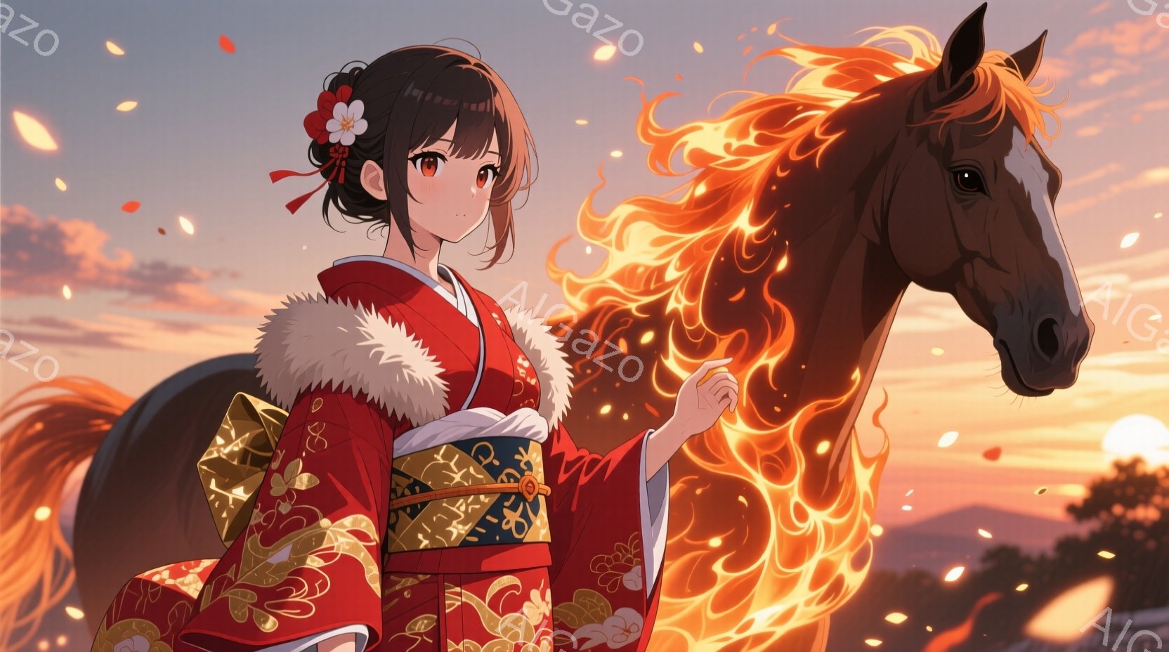 鮮やかな赤色の着物を着た少女が、燃え盛る鬣を持つ黒い馬の隣に立っている。少女は髪を高く結い上げ、花飾りをつけており、優しい微笑みを浮かべている。背景には夕焼けの空と山々が広がり、燃え上がるような空気が漂う、幻想的な雰囲気である。