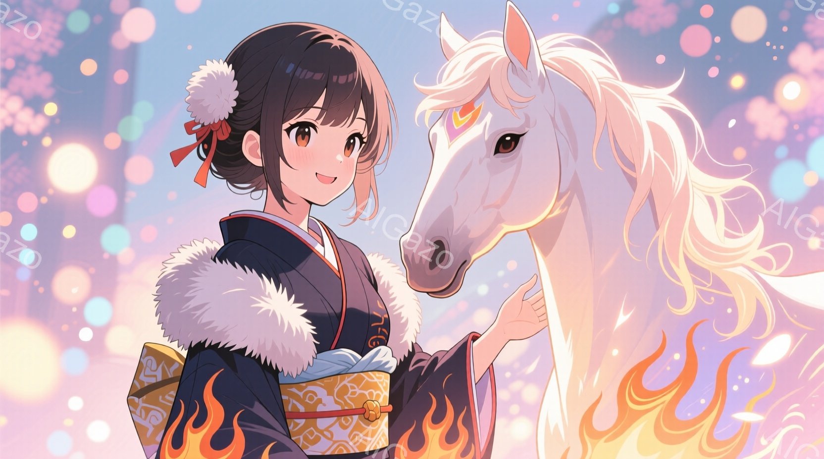 黒髪を後ろで結い上げた女性は、黒地に炎のような模様が描かれた着物と白いファーの襟が特徴的な衣装を身につけています。彼女は穏やかな笑顔を浮かべ、白く輝く馬の首元にそっと手を添えています。背景にはぼんやり - AI生成フリー素材