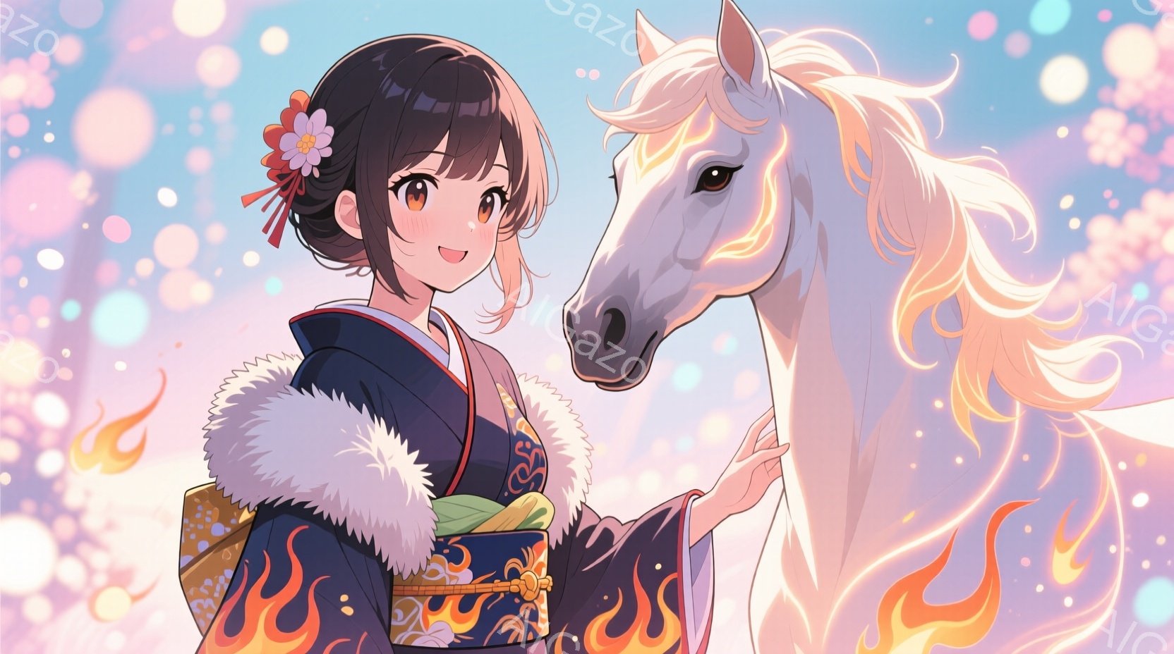 少女は鮮やかな藍色の着物を身につけ、白いファーの襟元がアクセントになっている。髪は後ろでまとめられ、白い花飾りを付けて微笑んでおり、右手に色鮮やかな贈り物を持っている。背景にはぼやけた光の粒子が舞い、 - AI生成フリー素材