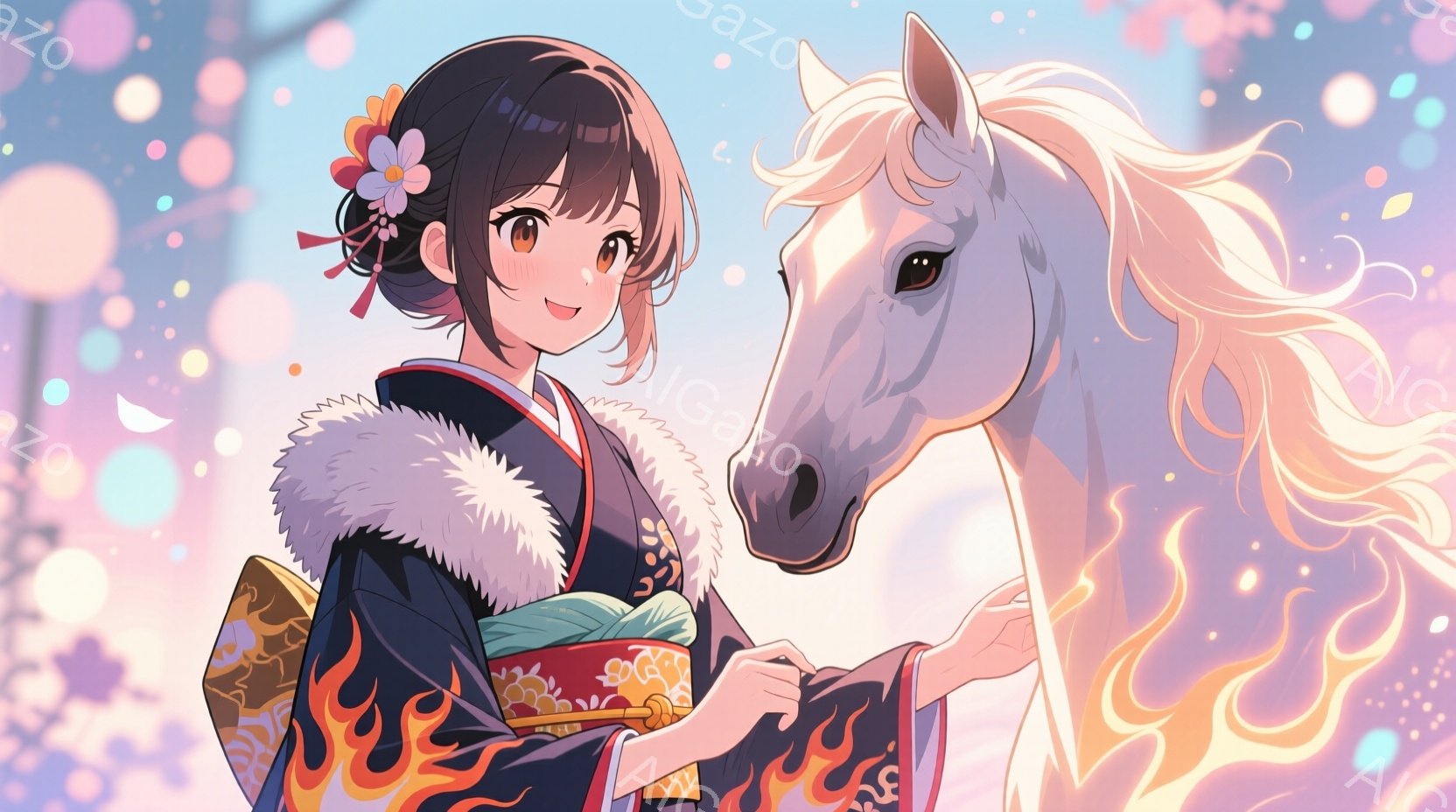 深い藍色の着物に、燃えるような模様の襟元と裾が印象的な女性が描かれています。黒髪を後ろでまとめ、白い花飾りをつけており、穏やかな笑顔を浮かべています。背景にはぼやけた光の粒子と、わずかに見える建物があ - AI生成フリー素材