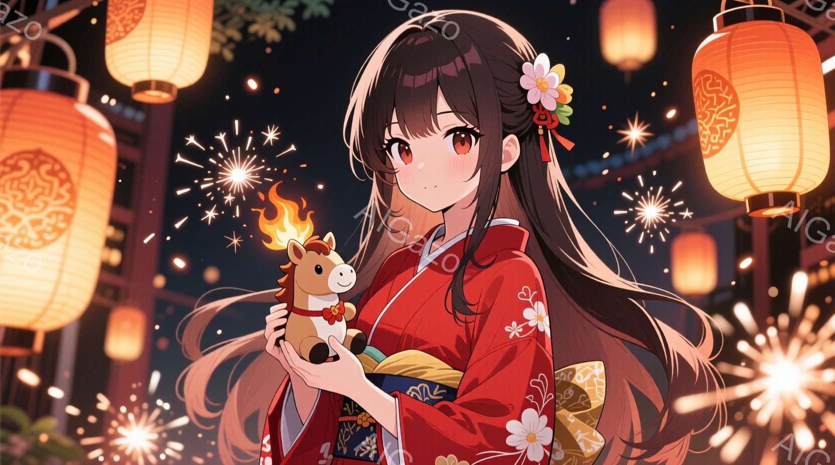 深紅色の着物を着た少女が、小さな木彫りの馬を抱えています。髪は長く茶色で、赤いリボンと白い花飾りをつけています。背景には提灯が灯り、花火が夜空を彩り、お祭りの賑やかな雰囲気が漂っています。 - AI生成フリー素材