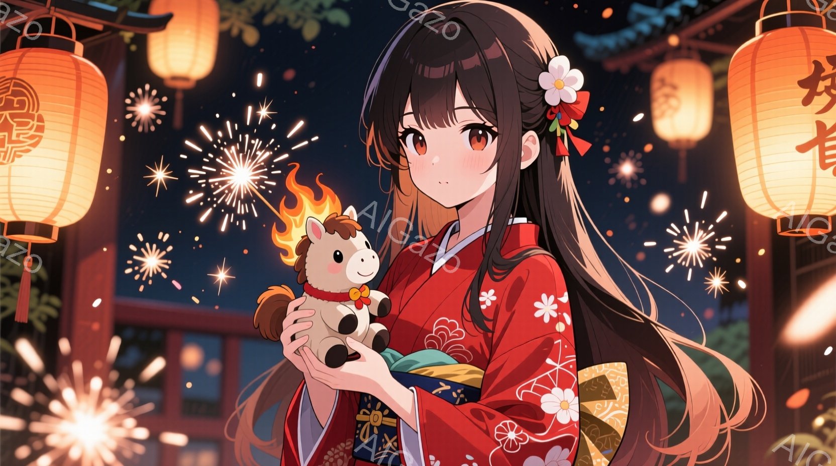 赤色の着物を着た若い女性が、小さなぬいぐるみの馬を抱えています。彼女は黒髪で、髪飾りをつけており、優しい笑顔を見せています。背景には提灯や花火が散りばめられ、祭りや夜のイベントの賑やかな雰囲気を醸し出 - AI生成フリー素材