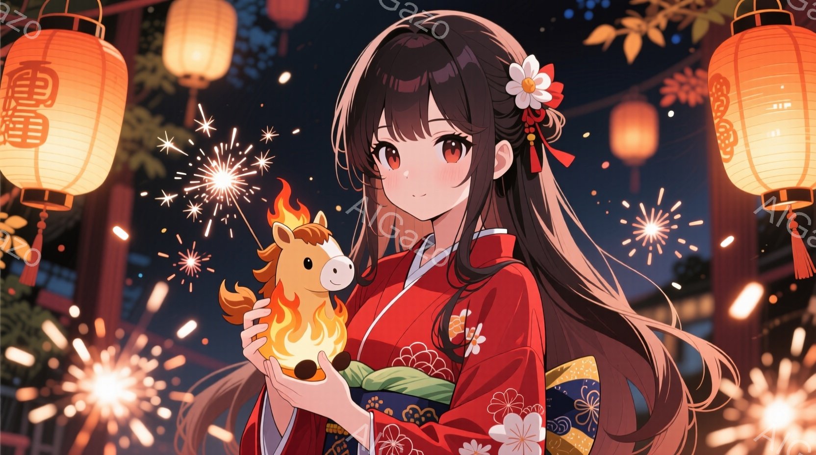 長い黒髪に白い花飾りをつけた若い女性が描かれています。赤い着物と緑色の帯を身に着け、片手に炎をまとったおもちゃの馬を抱えています。背景には提灯が灯り、花火が舞う夜の祭りの様子が描かれており、華やかで幻 - AI生成フリー素材