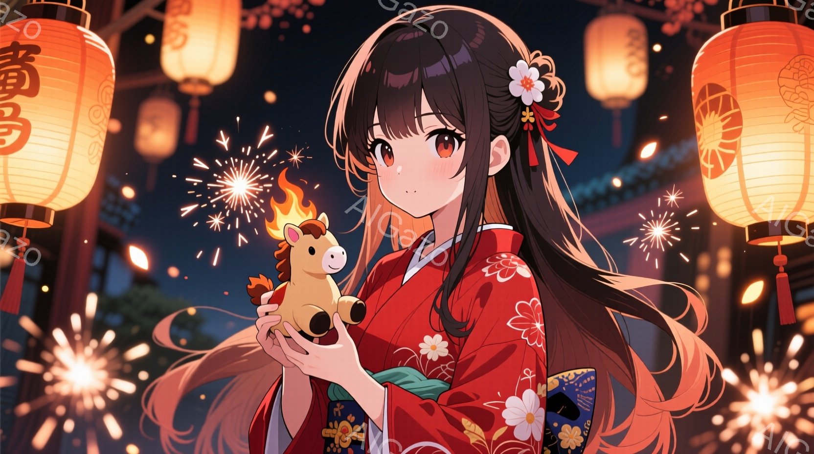 長い黒髪を靡かせ、赤い着物に身を包んだ少女が描かれている。彼女は片手に可愛らしい馬の置物を持ち、微笑みを浮かべている。背景には提灯が灯り、花火が夜空を彩り、お祭りやイベントの賑やかな雰囲気を醸し出して - AI生成フリー素材