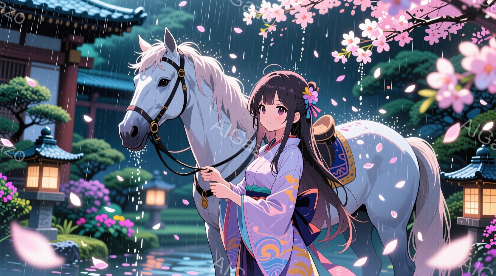 長い黒髪を結い、薄桃色の着物と緑色の帯を身に着けた少女が、白い馬の隣で立っている。彼女は穏やかな微笑みを浮かべ、馬のたてがみを優しく撫でているように見える。背景には、日本の伝統的な建物や桜の花びらが舞い散る雨の風景が広がっており、幻想的で穏やかな雰囲気を醸し出している。
