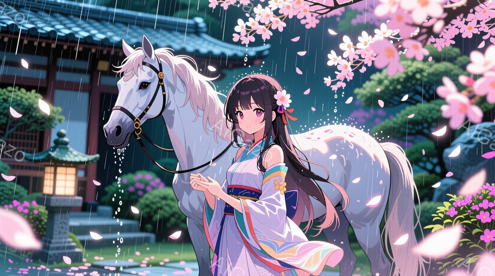 長い黒髪をほどき、ピンク色の挿し毛が入った少女が、白い馬の隣を歩いている。彼女はピンクと水色の装飾が施された白地に薄緑色の着物を着ており、優雅な雰囲気である。背景には桜の花びらが舞い散る中、日本の伝統 - AI生成フリー素材